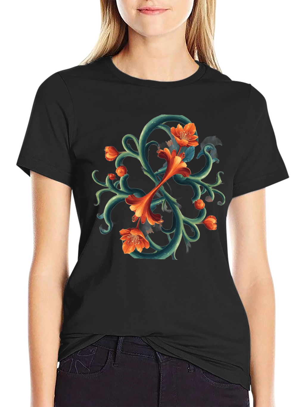 Floral Vines Graphic Tee - Black Cotton T-Shirt