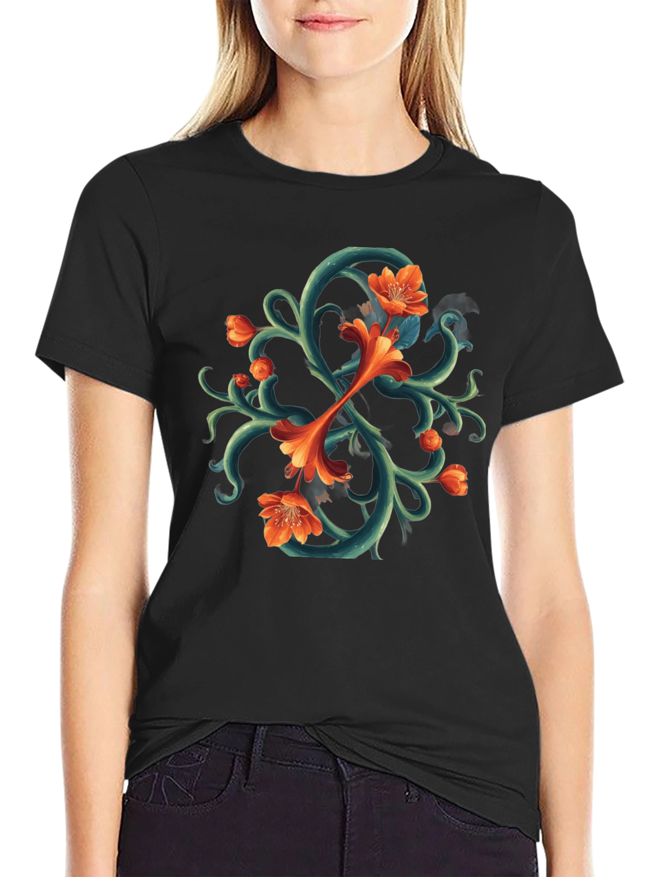 Floral Vines Graphic Tee - Black Cotton T-Shirt