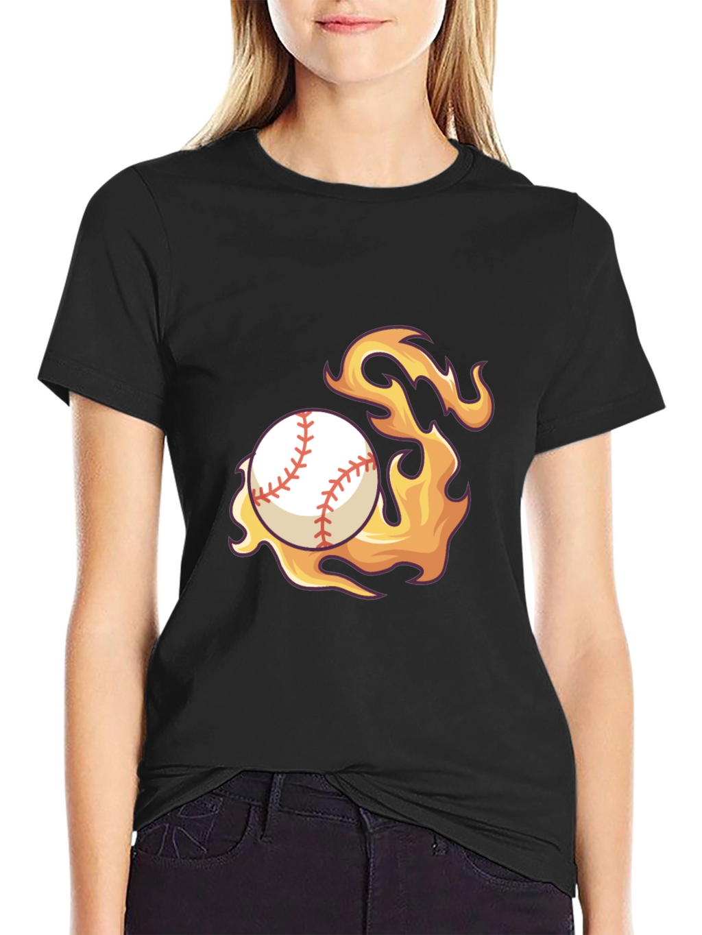Flaming Baseball Graphic Tee - Black Cotton Shirt