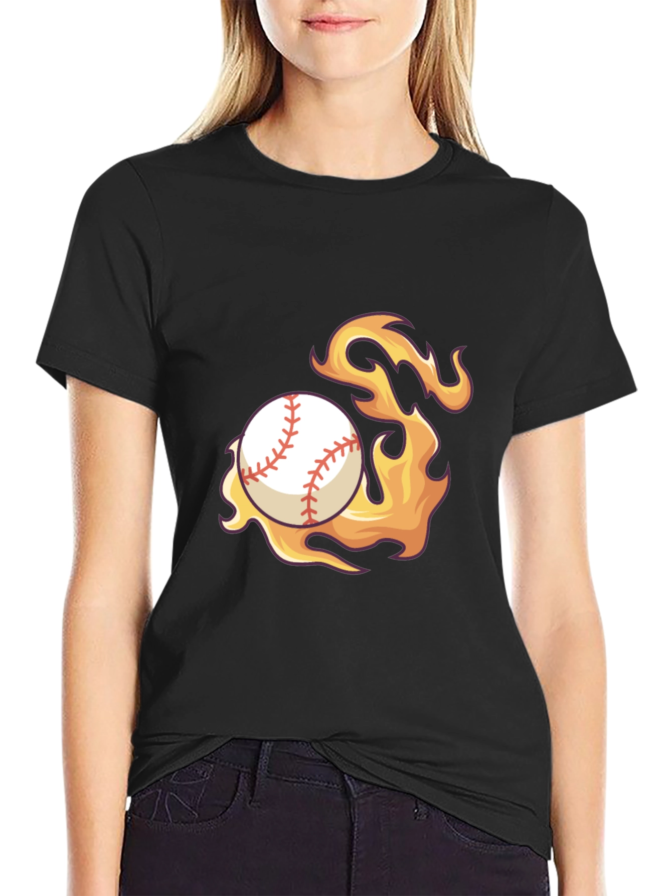 Flaming Baseball Graphic Tee - Black Cotton Shirt