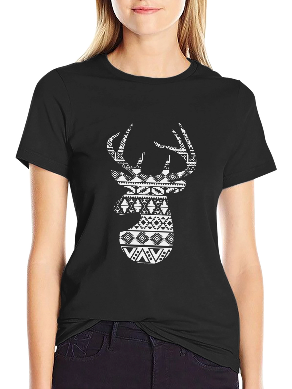 Tribal Deer Graphic Black T-Shirt