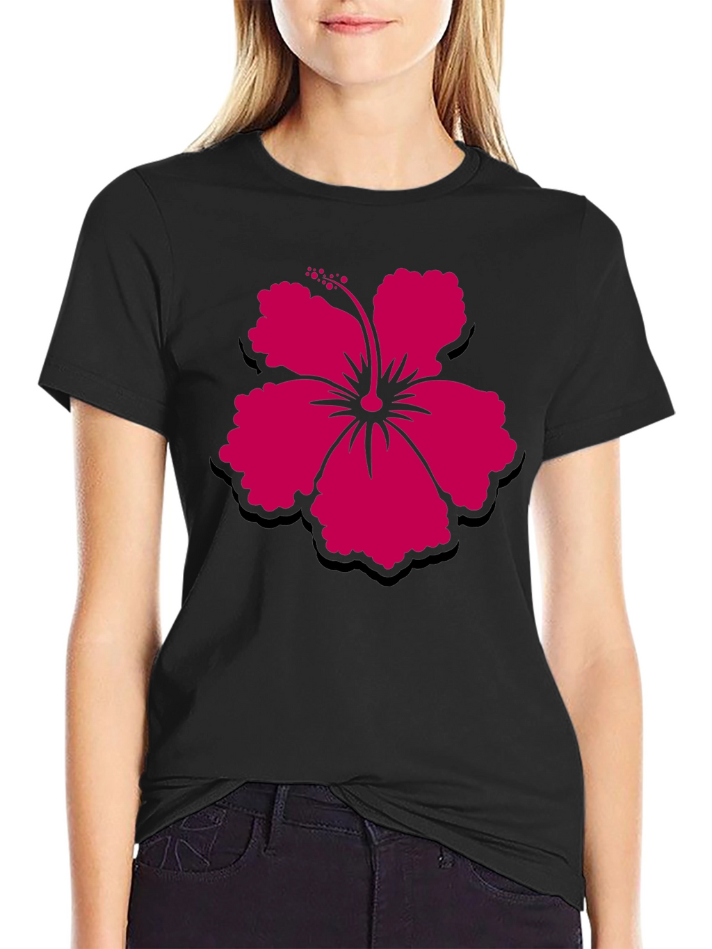 Hibiscus Flower Graphic Tee - Casual Black T-Shirt