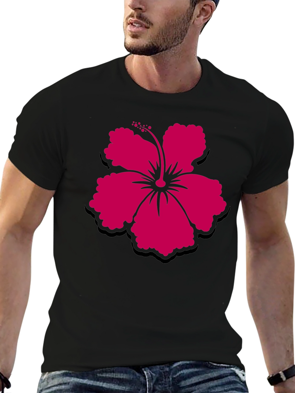 Hibiscus Flower Graphic Tee - Casual Black T-Shirt