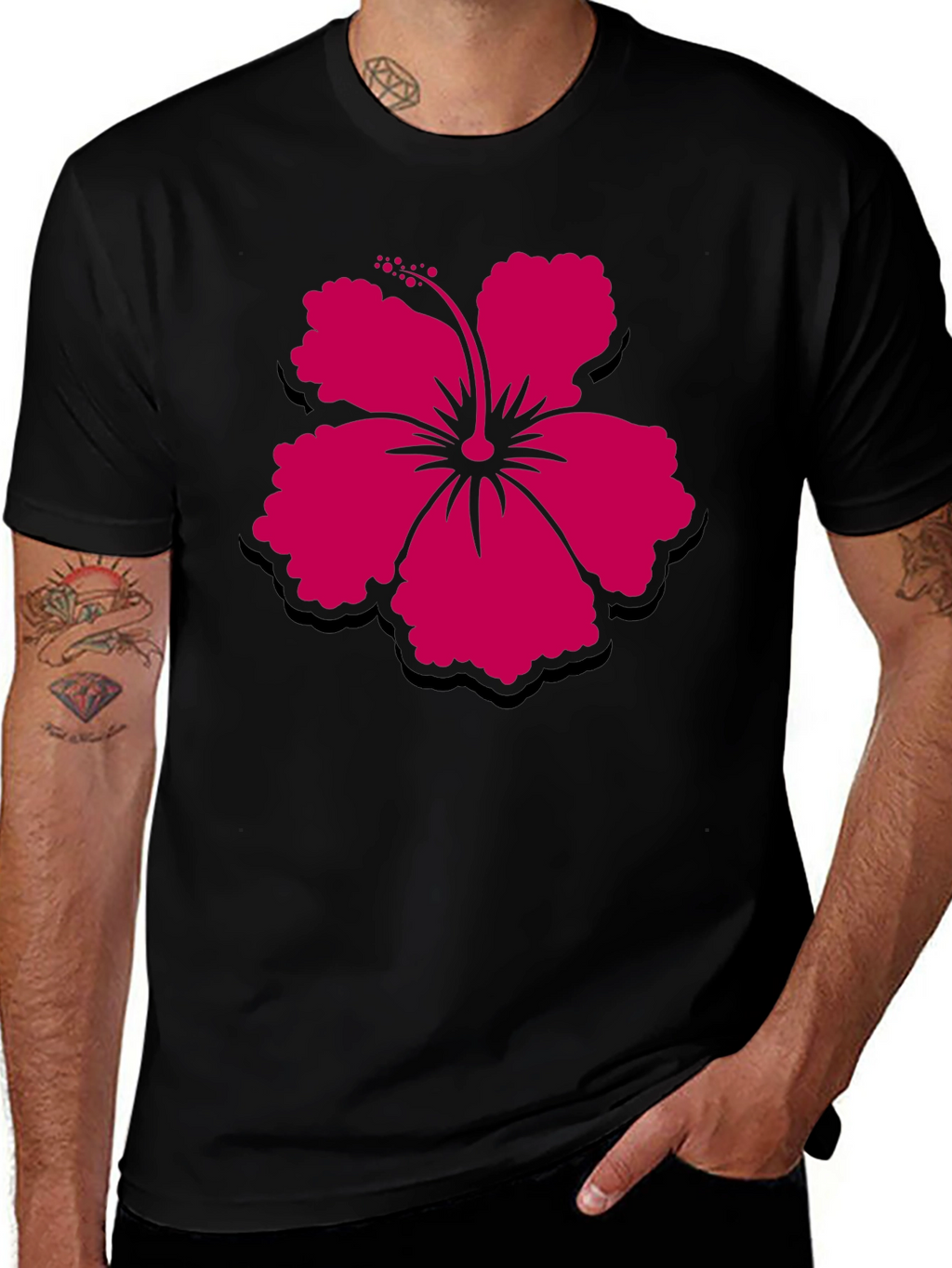 Hibiscus Flower Graphic Tee - Casual Black T-Shirt