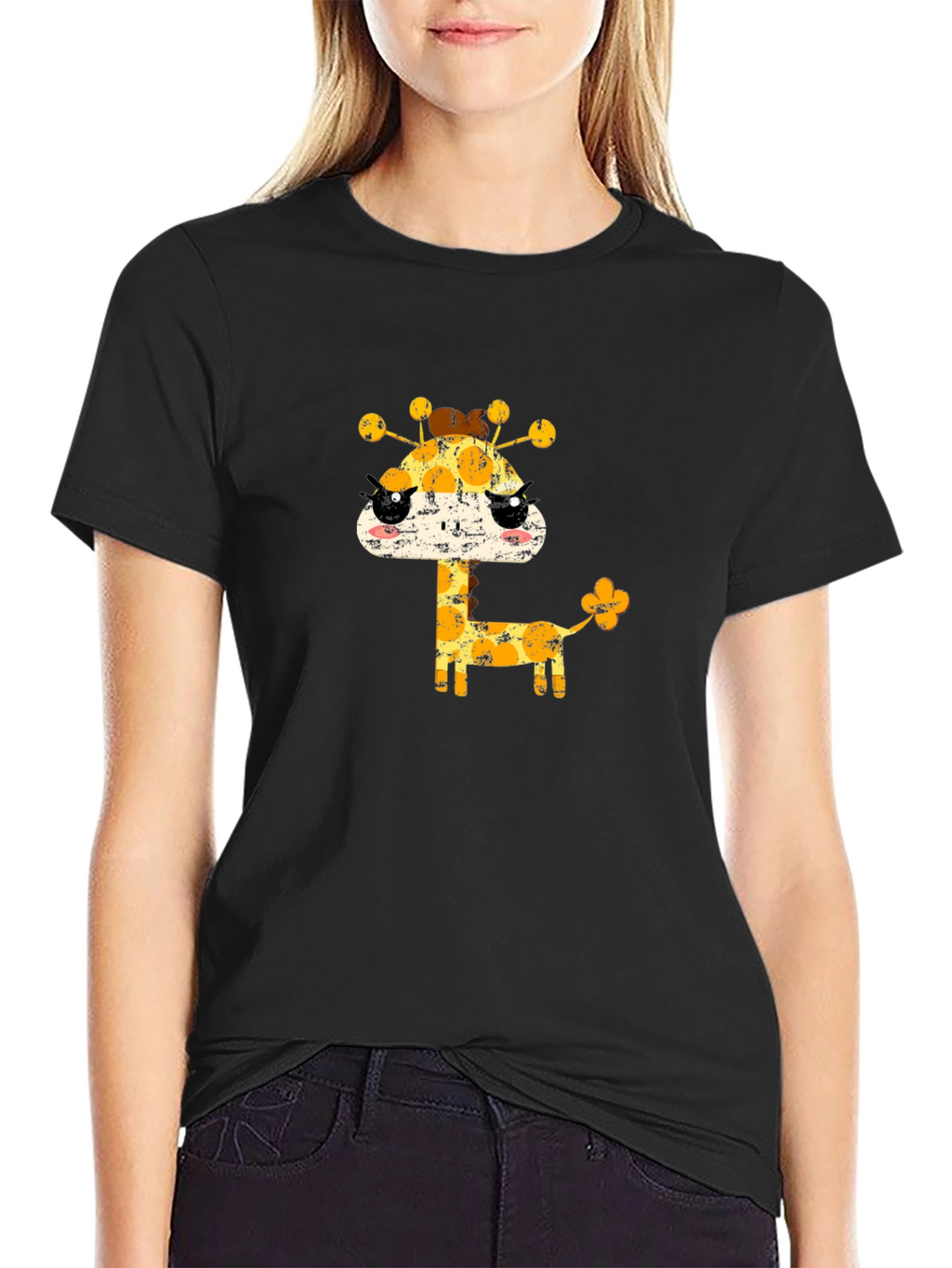 Cute Giraffe Graphic Black T-Shirt
