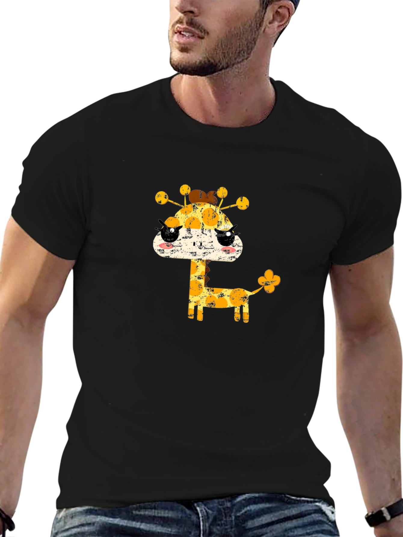 Cute Giraffe Graphic Black T-Shirt