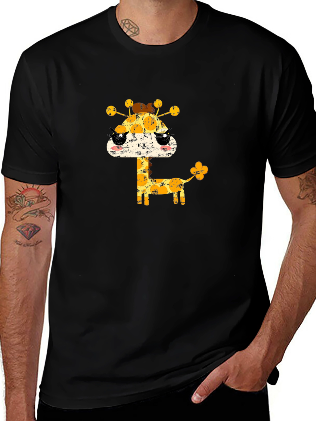 Cute Giraffe Graphic Black T-Shirt