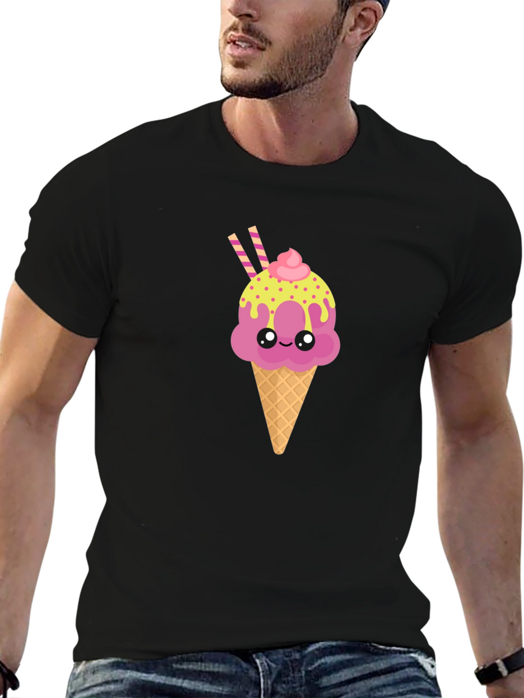 Cute Ice Cream Cone Graphic Tee - Black