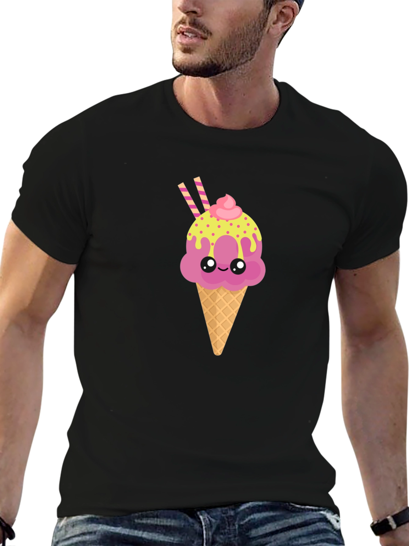 Cute Ice Cream Cone Graphic Tee - Black
