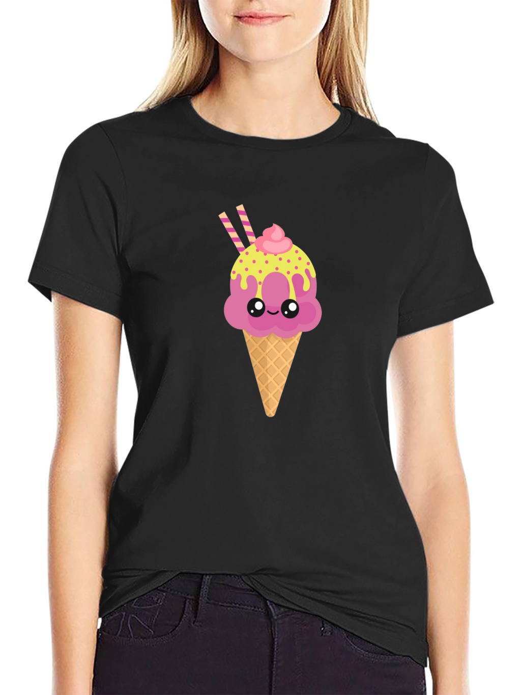 Cute Ice Cream Cone Graphic Tee - Black