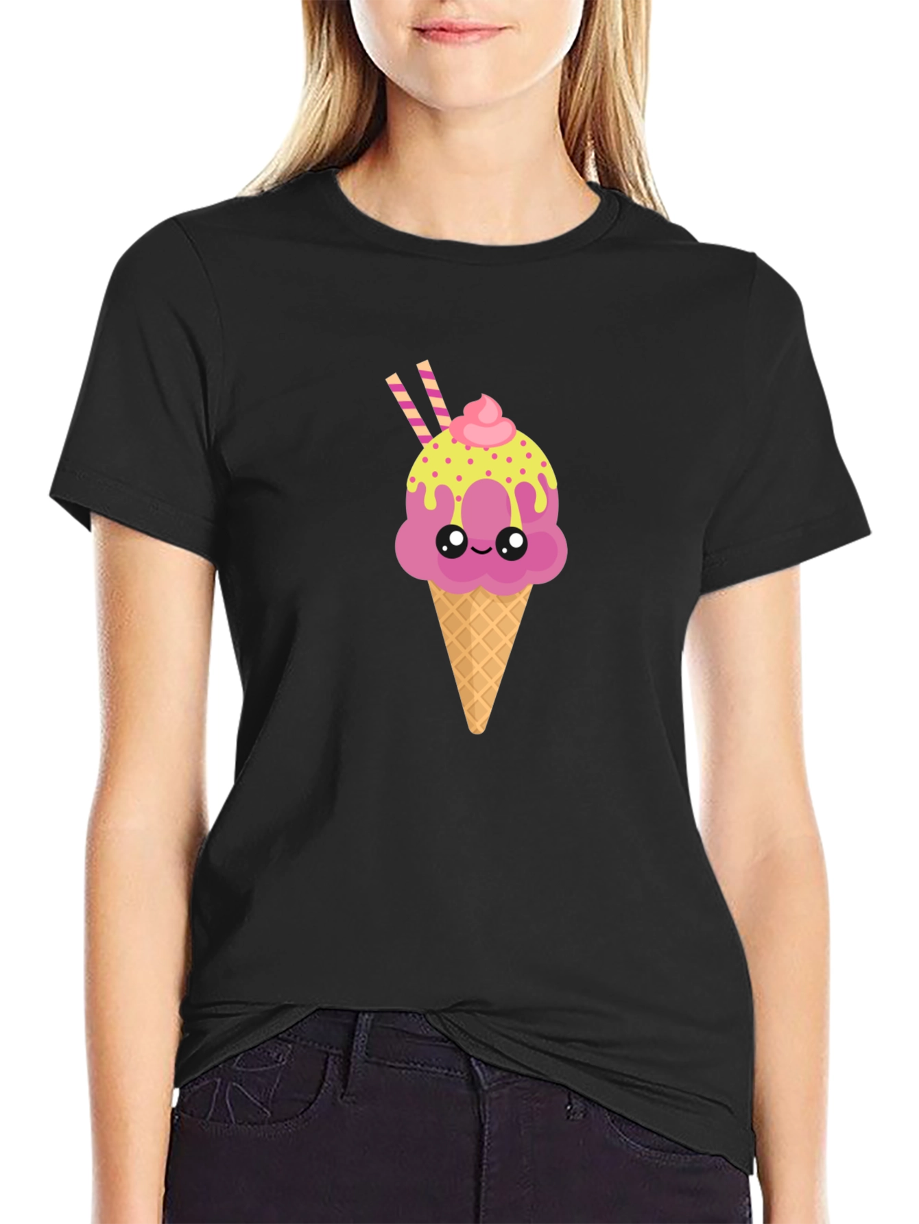 Cute Ice Cream Cone Graphic Tee - Black