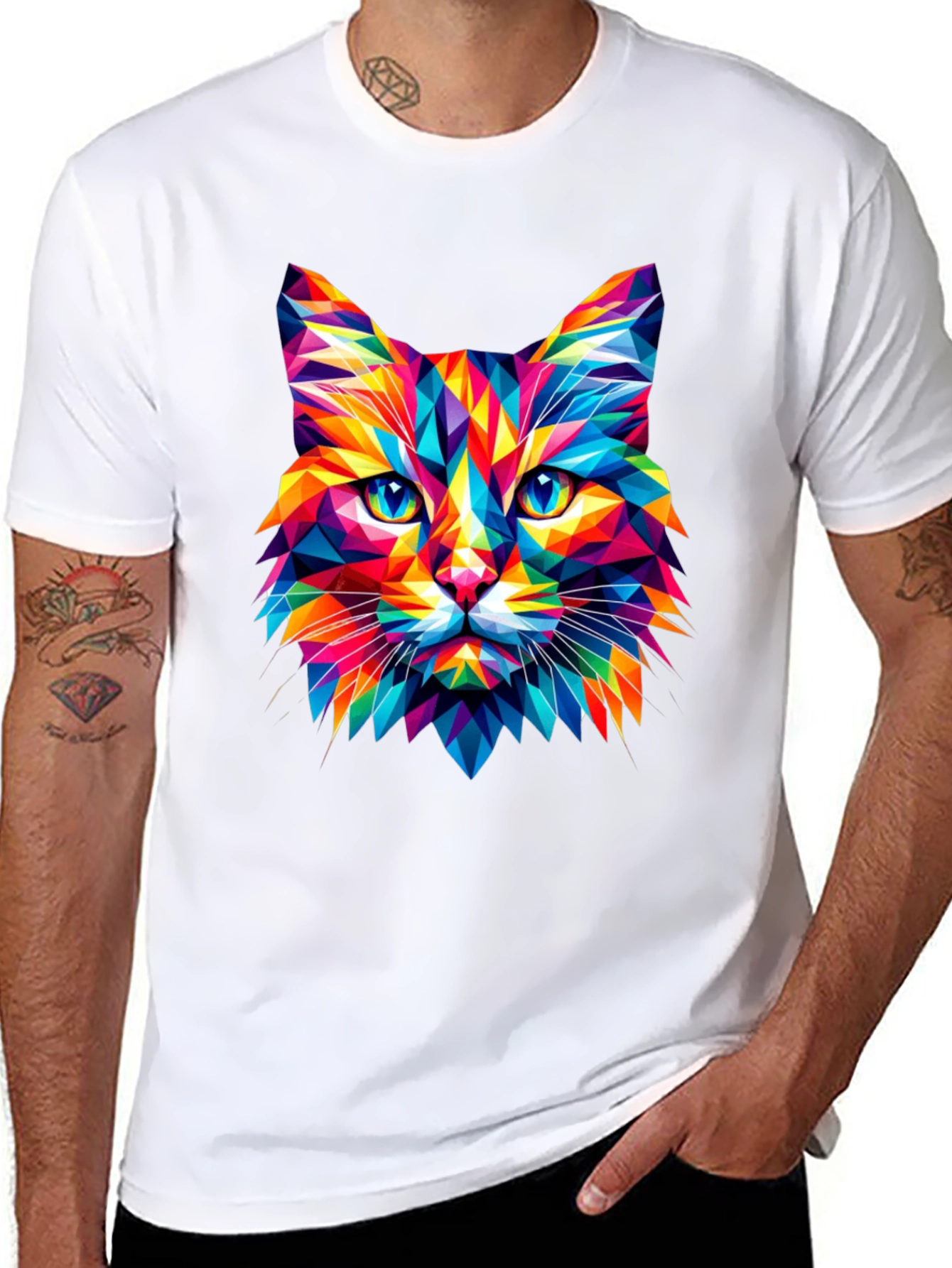 Geometric Cat Graphic Tee - Vivid Colors Stylish Design