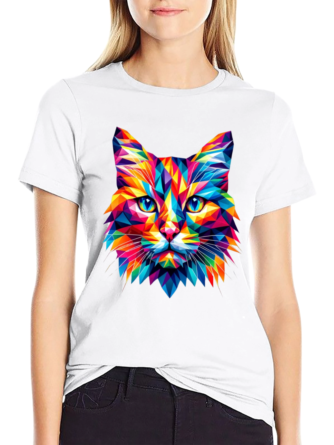 Geometric Cat Graphic Tee - Vivid Colors Stylish Design