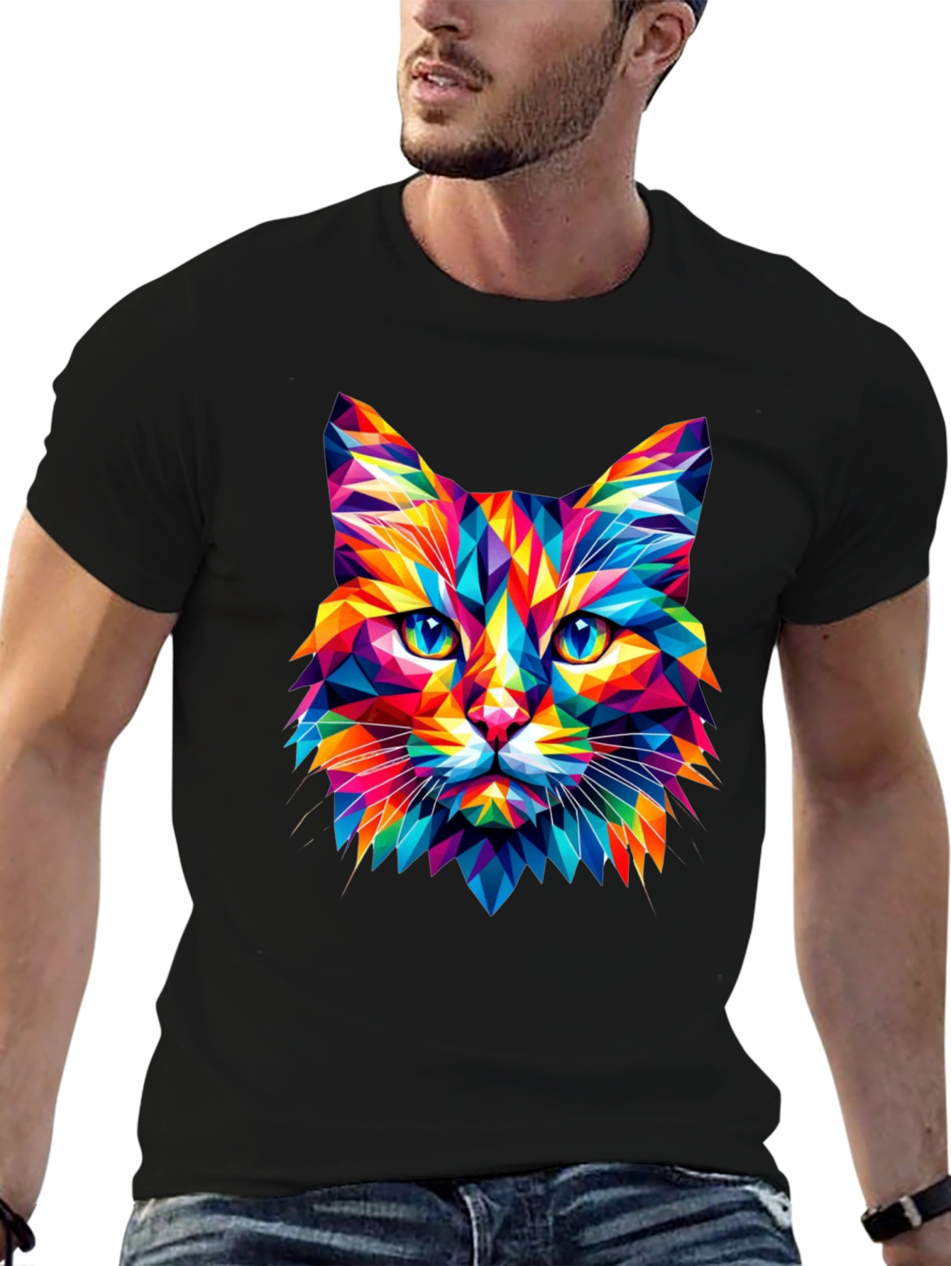 Geometric Cat Graphic Tee - Vivid Colors Stylish Design