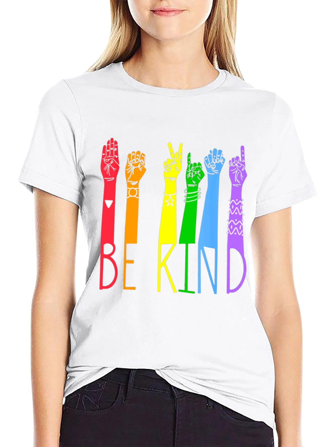 Be Kind Sign Language T-Shirt - Rainbow Hands