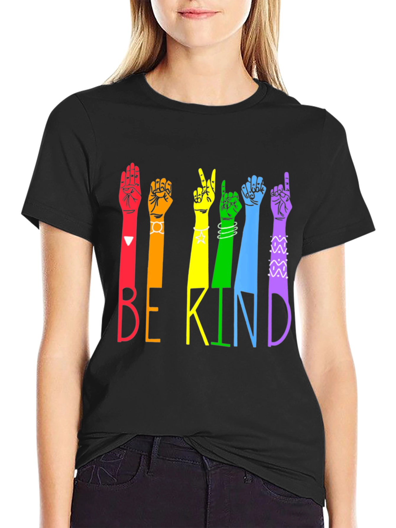 Be Kind Sign Language T-Shirt - Rainbow Hands