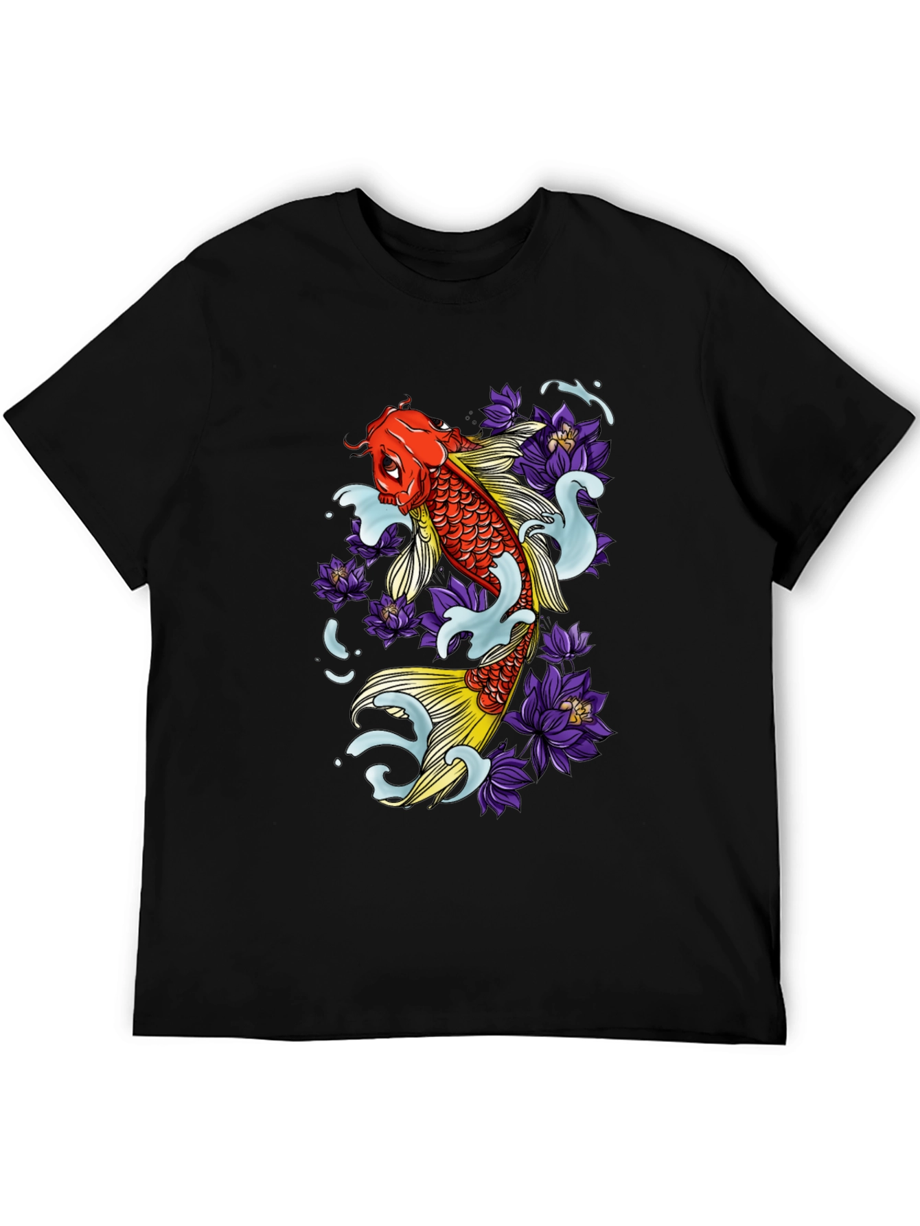 Koi Fish & Lotus Flower Graphic Tee - Mens Black T-Shirt