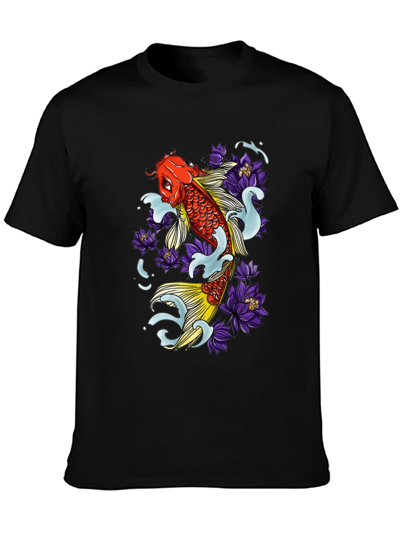 Koi Fish & Lotus Flower Graphic Tee - Mens Black T-Shirt
