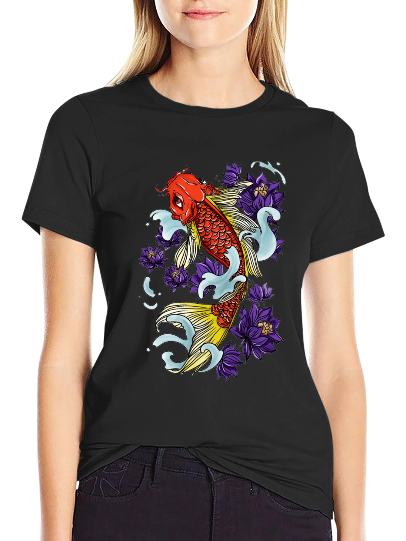 Koi Fish & Lotus Flower Graphic Tee - Mens Black T-Shirt