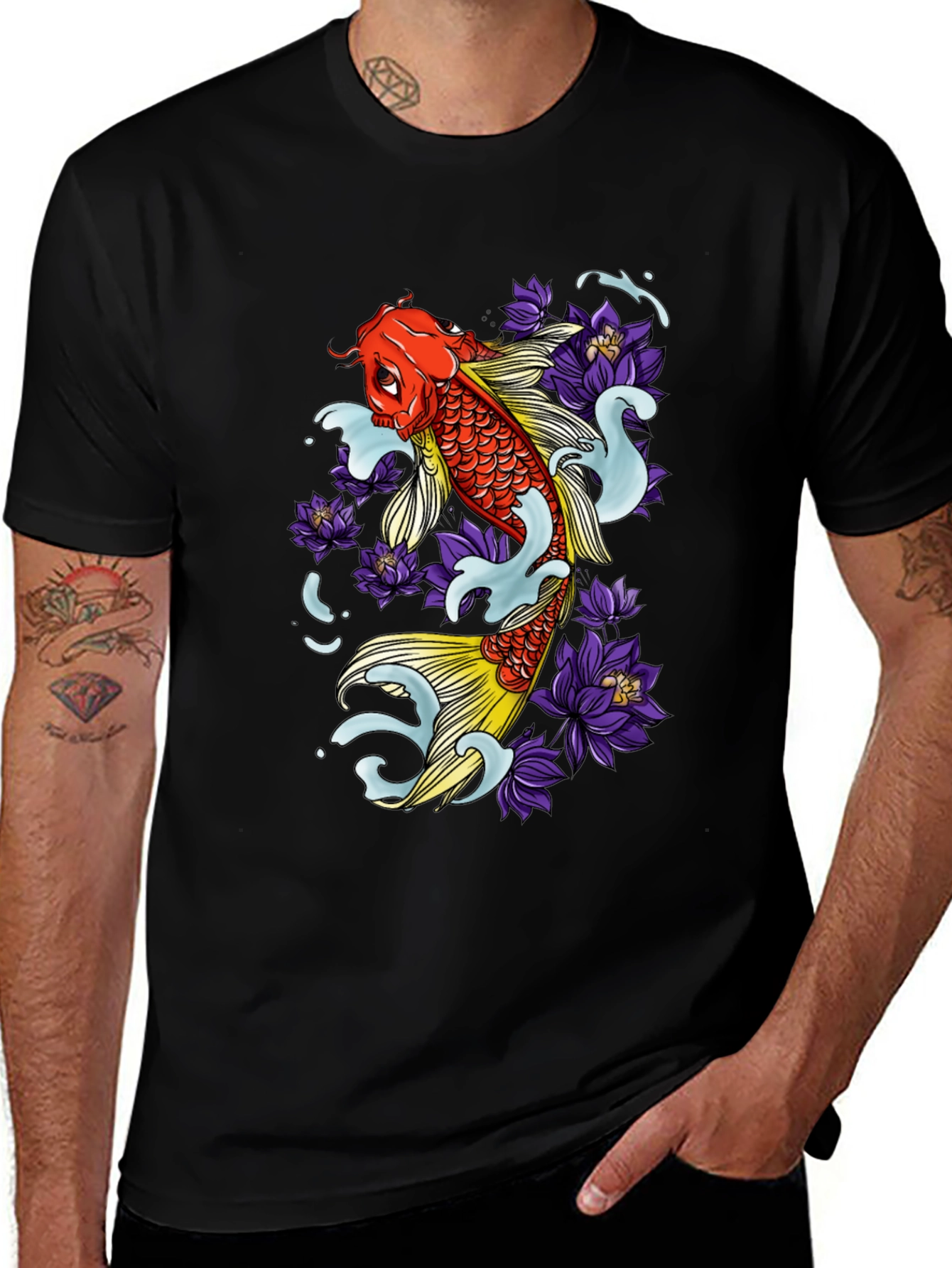Koi Fish & Lotus Flower Graphic Tee - Mens Black T-Shirt