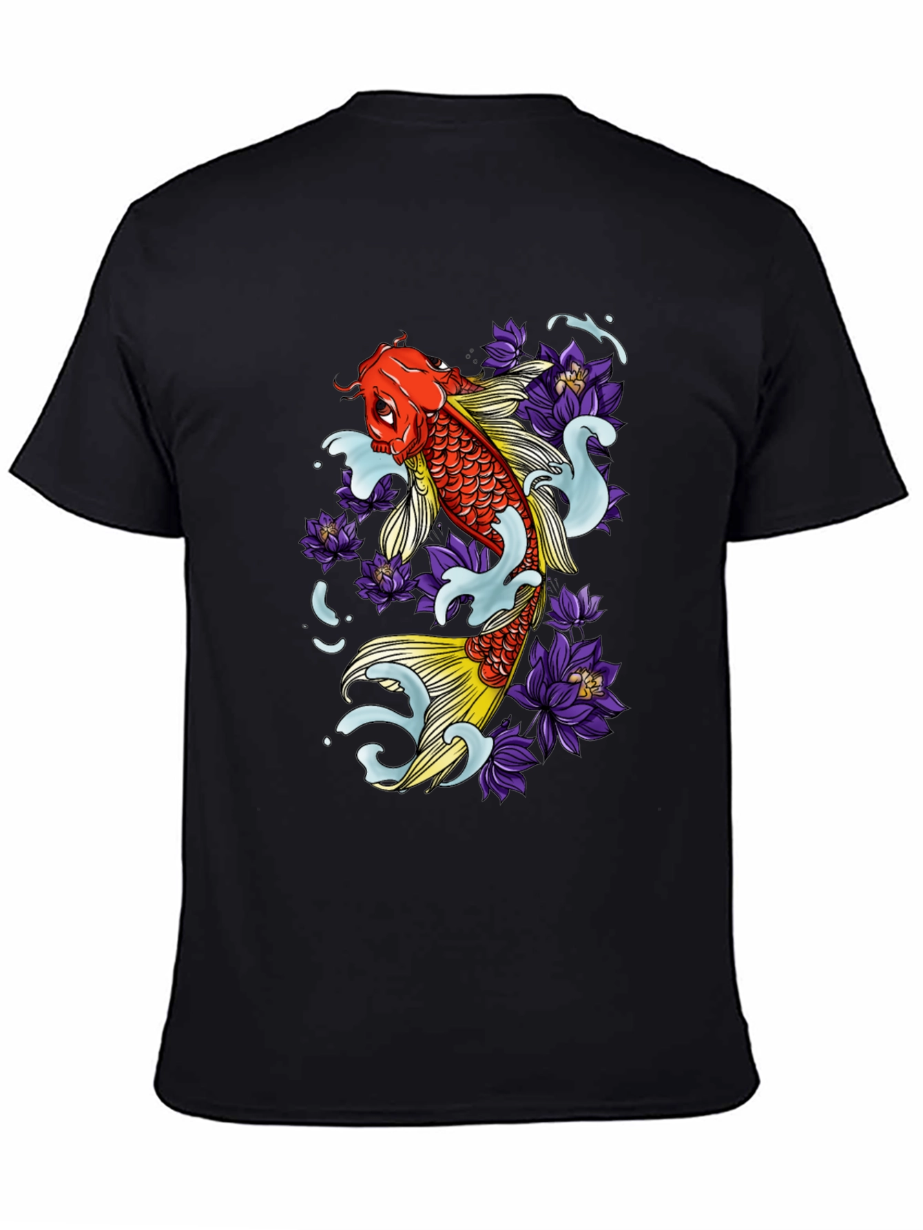 Koi Fish & Lotus Flower Graphic Tee - Mens Black T-Shirt