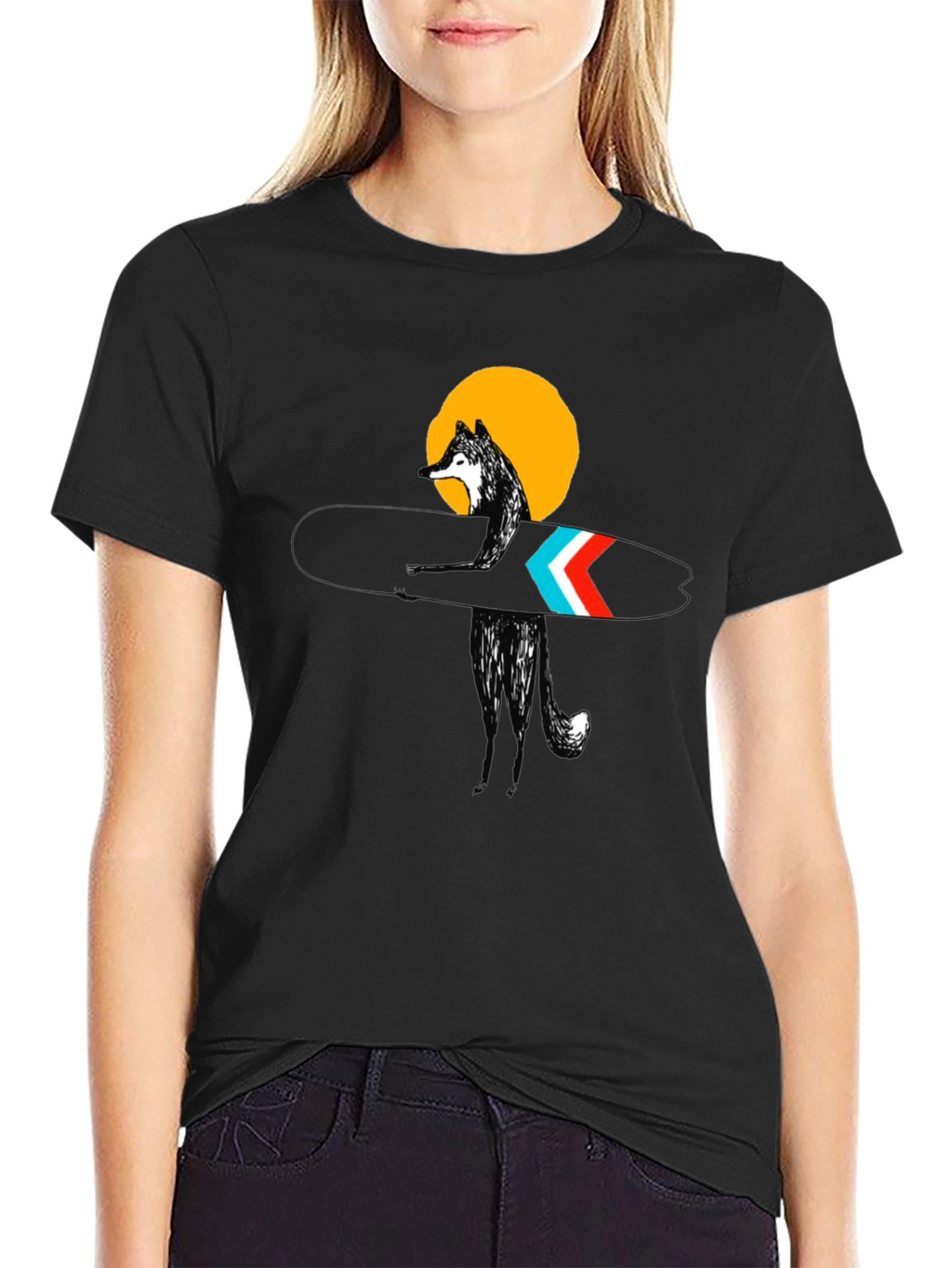 Stylish Black Surf Wolf Graphic Tee