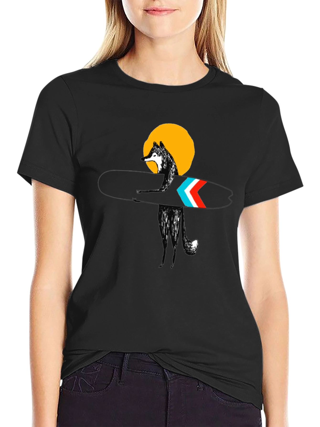 Stylish Black Surf Wolf Graphic Tee