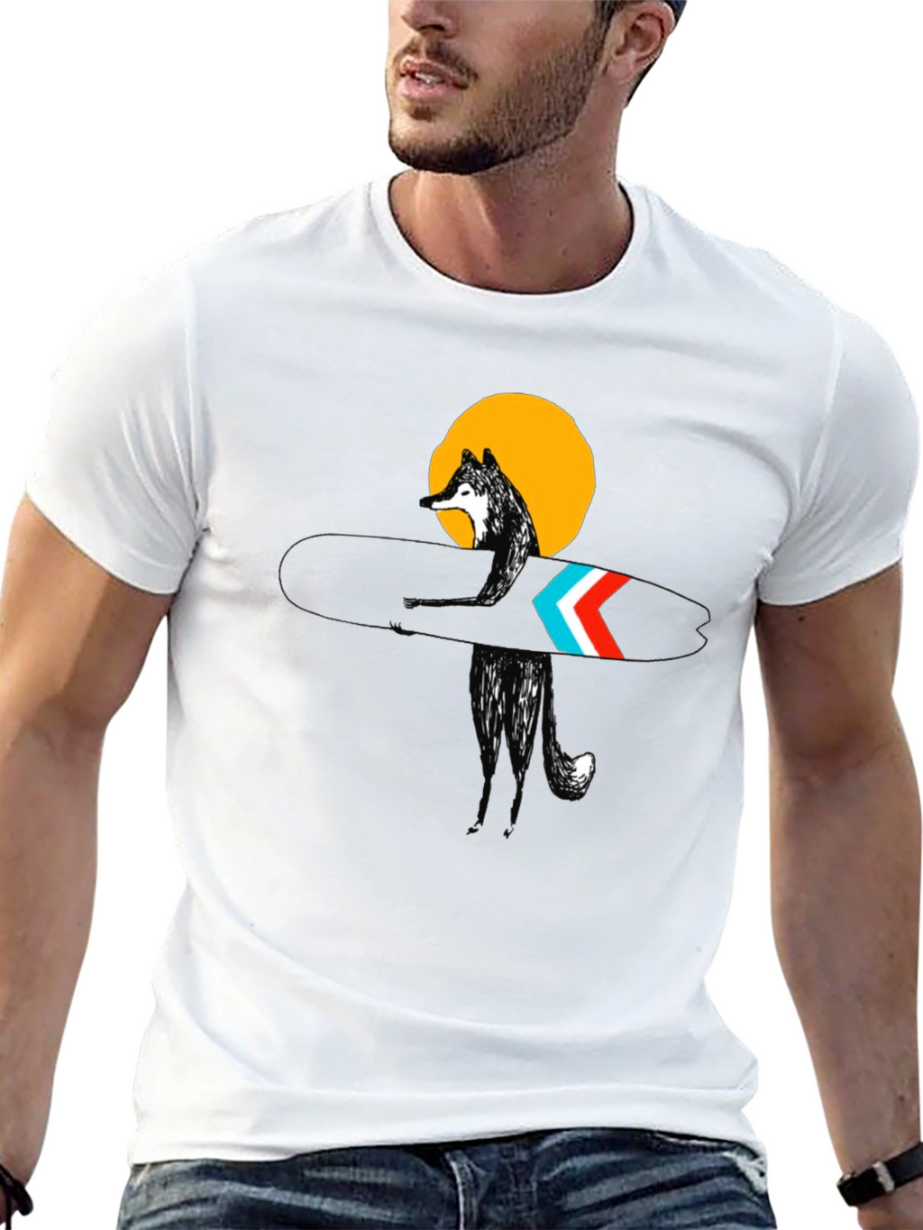 Stylish Black Surf Wolf Graphic Tee
