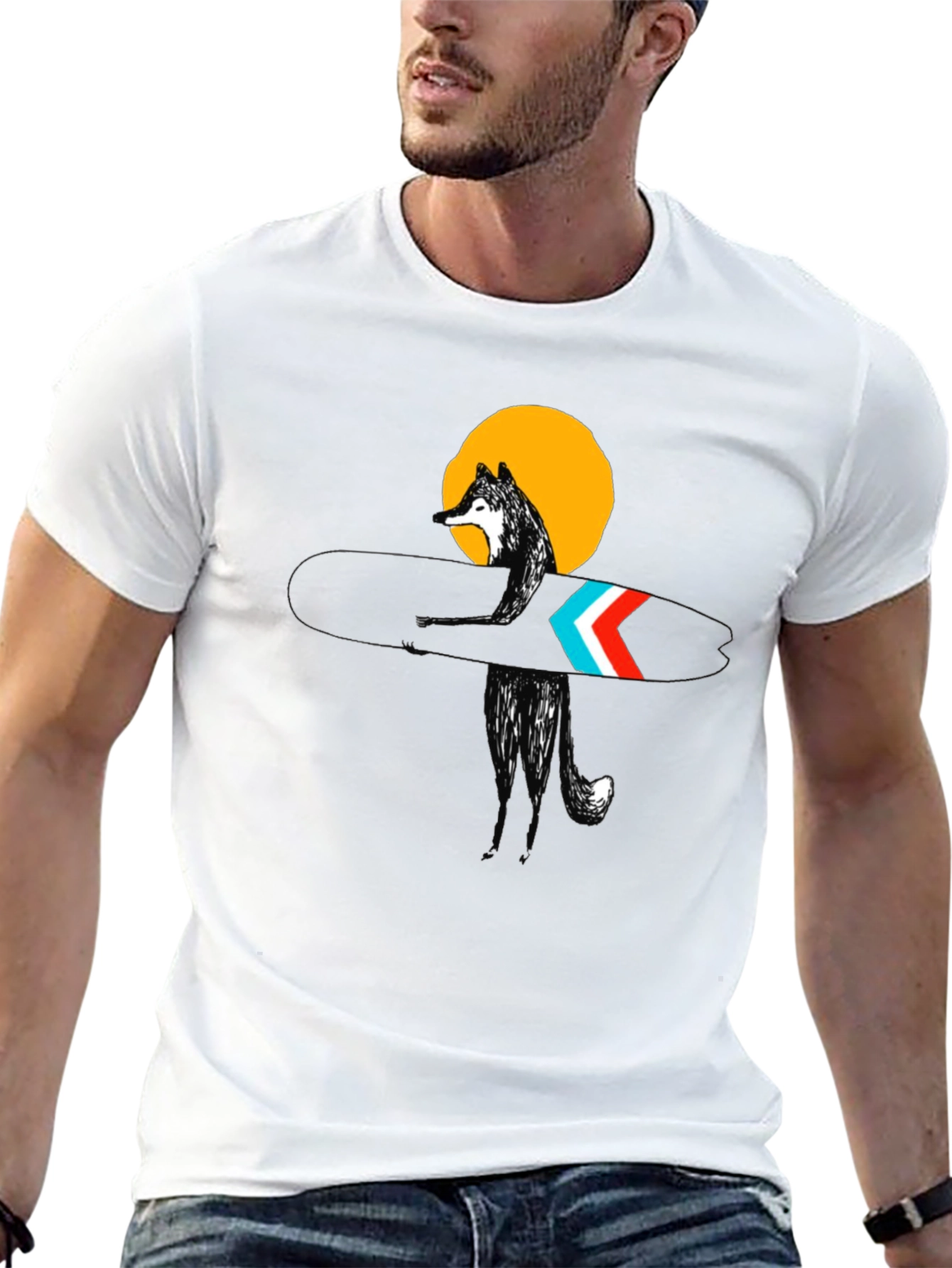 Stylish Black Surf Wolf Graphic Tee