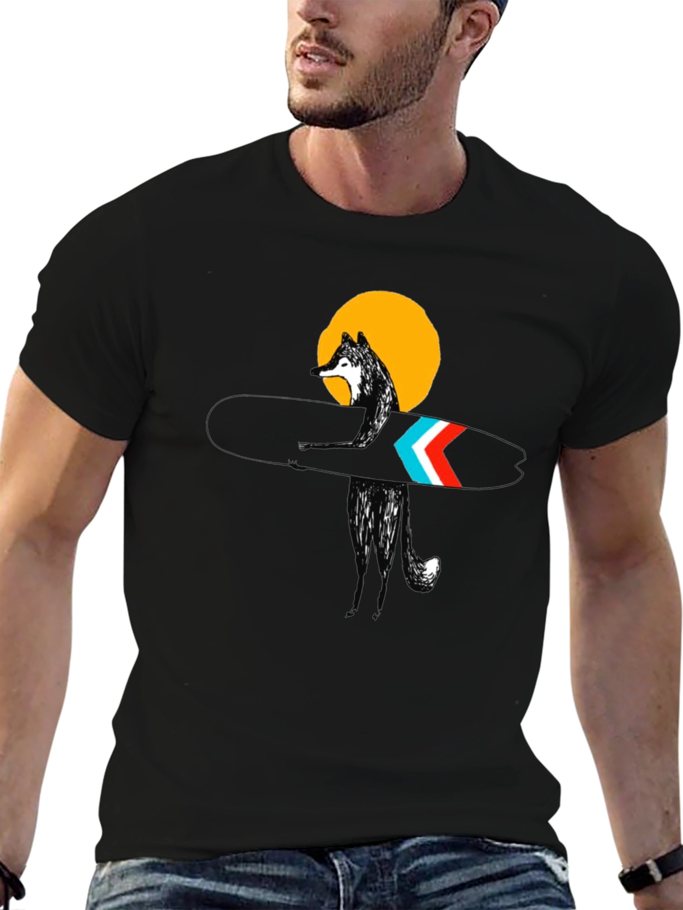Stylish Black Surf Wolf Graphic Tee