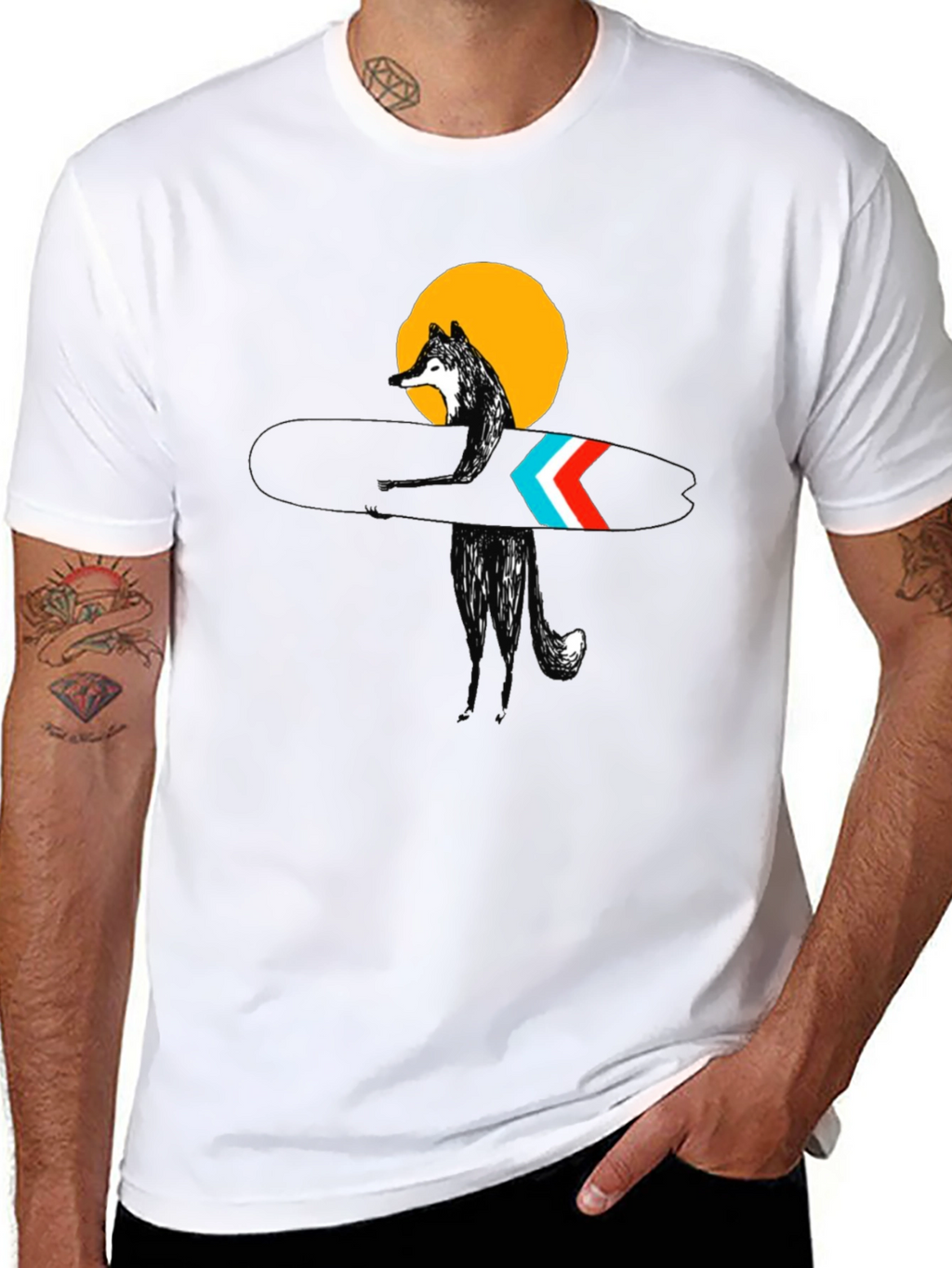 Stylish Black Surf Wolf Graphic Tee