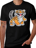 Cartoon Tiger Graphic Tee - Black Cotton T-Shirt