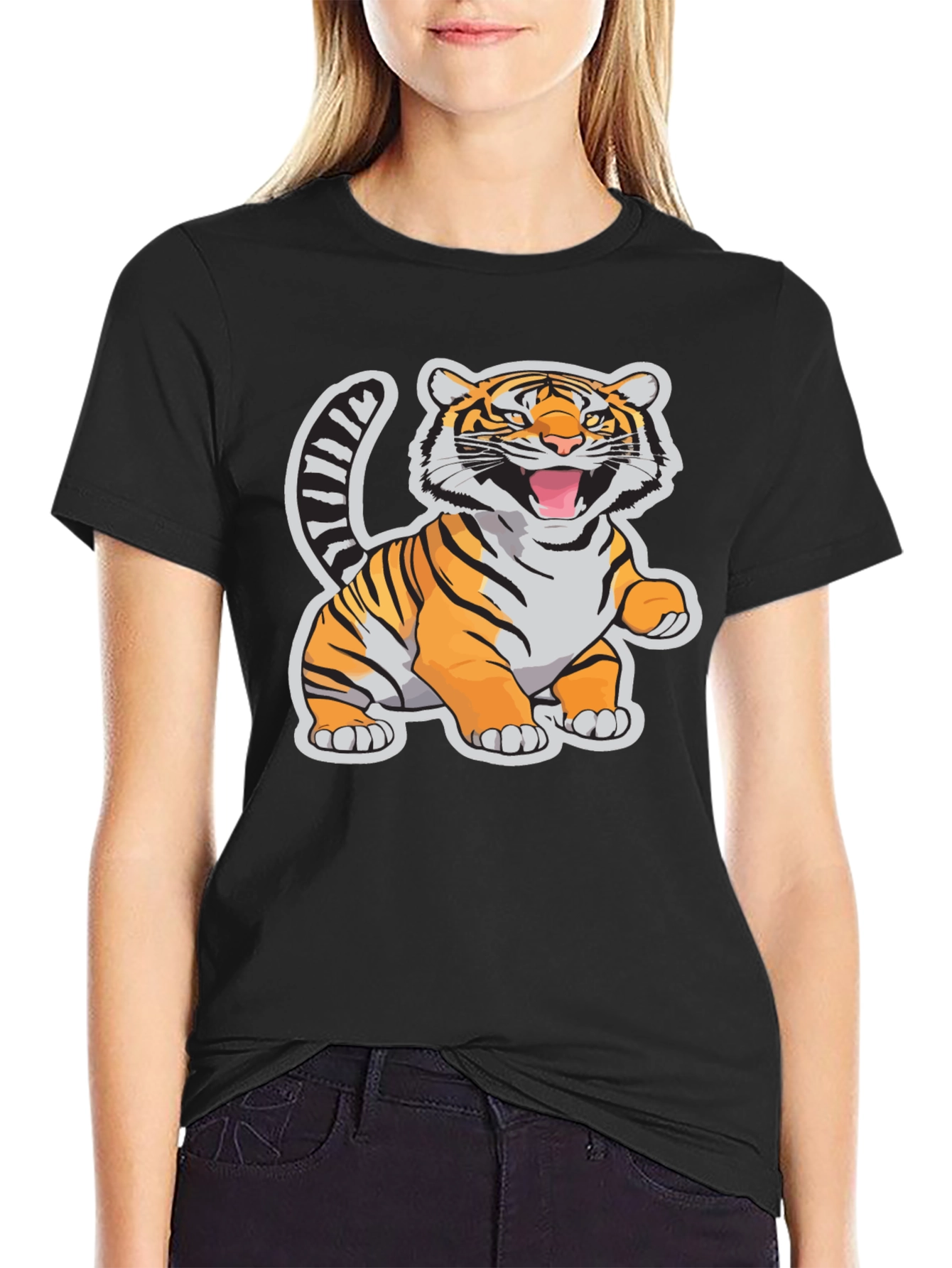 Cartoon Tiger Graphic Tee - Black Cotton T-Shirt