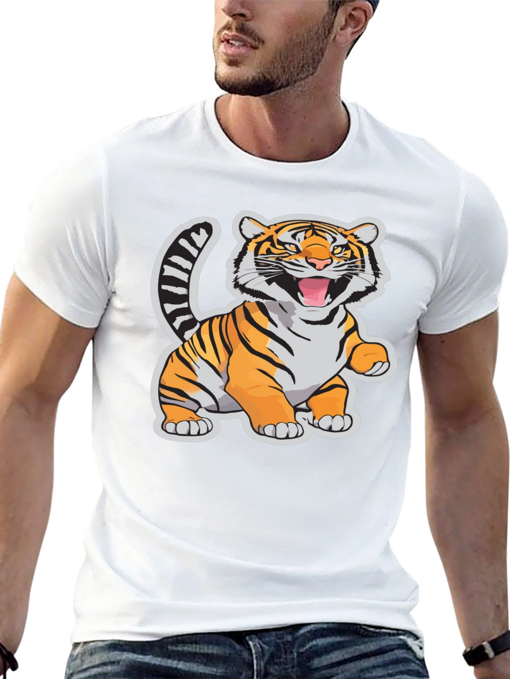 Cartoon Tiger Graphic Tee - Black Cotton T-Shirt