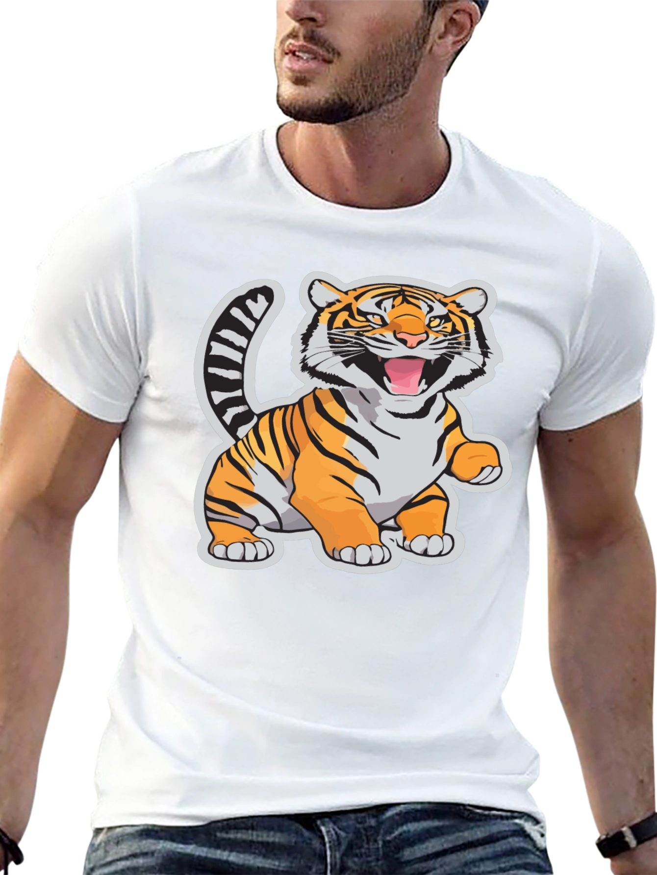 Cartoon Tiger Graphic Tee - Black Cotton T-Shirt