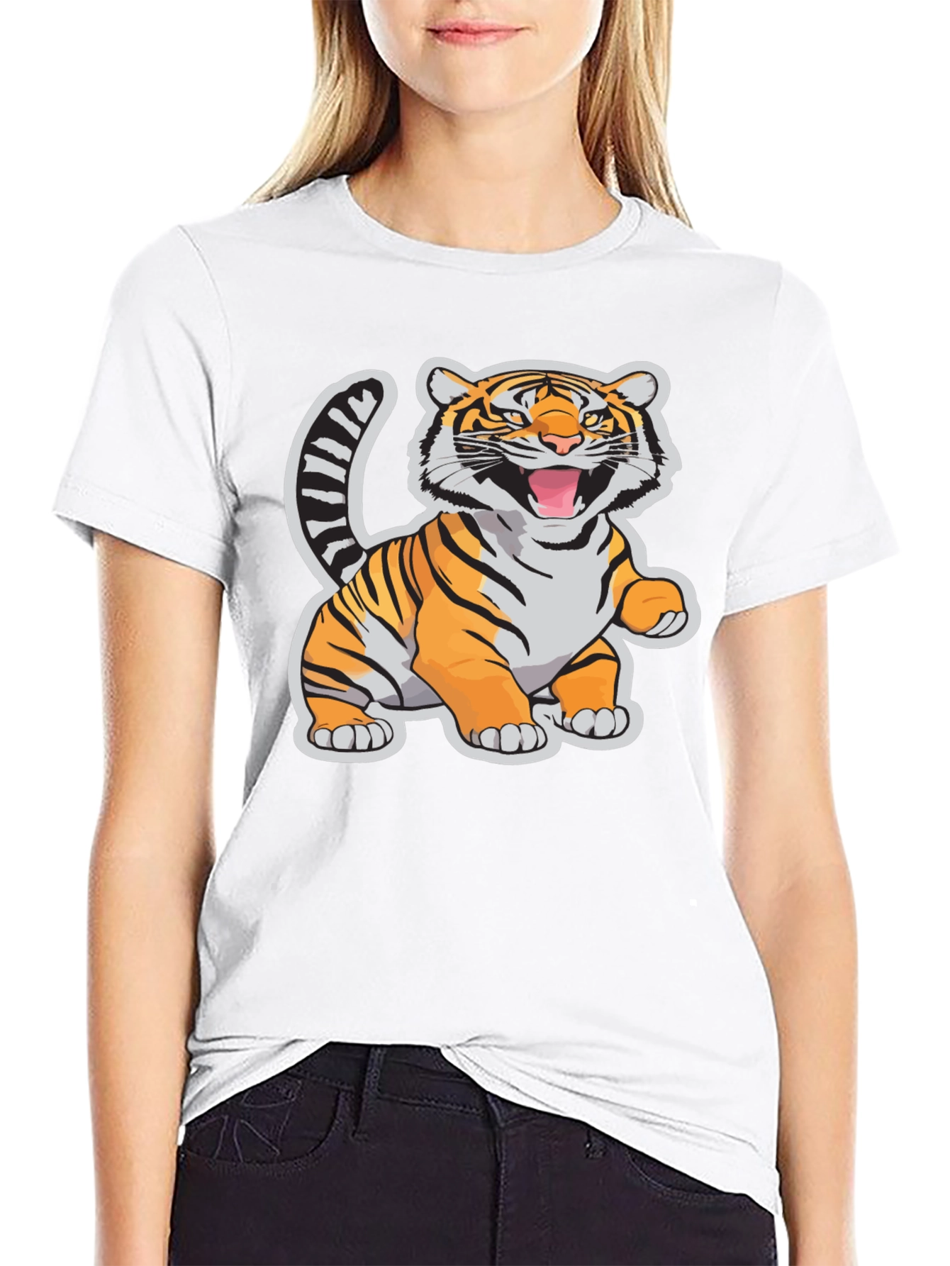 Cartoon Tiger Graphic Tee - Black Cotton T-Shirt