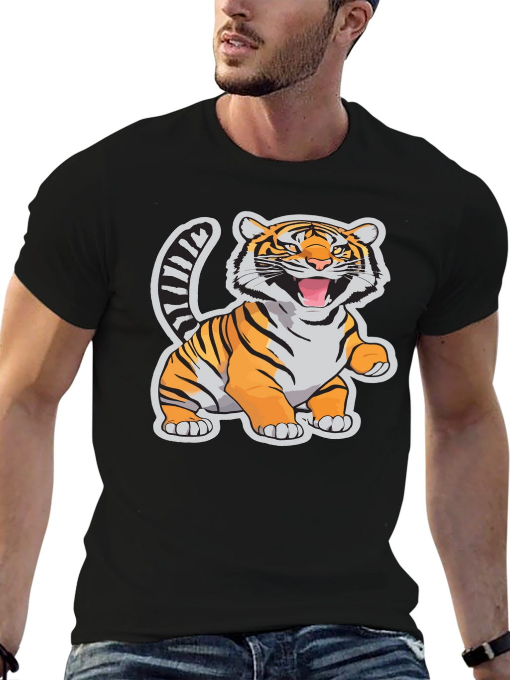 Cartoon Tiger Graphic Tee - Black Cotton T-Shirt