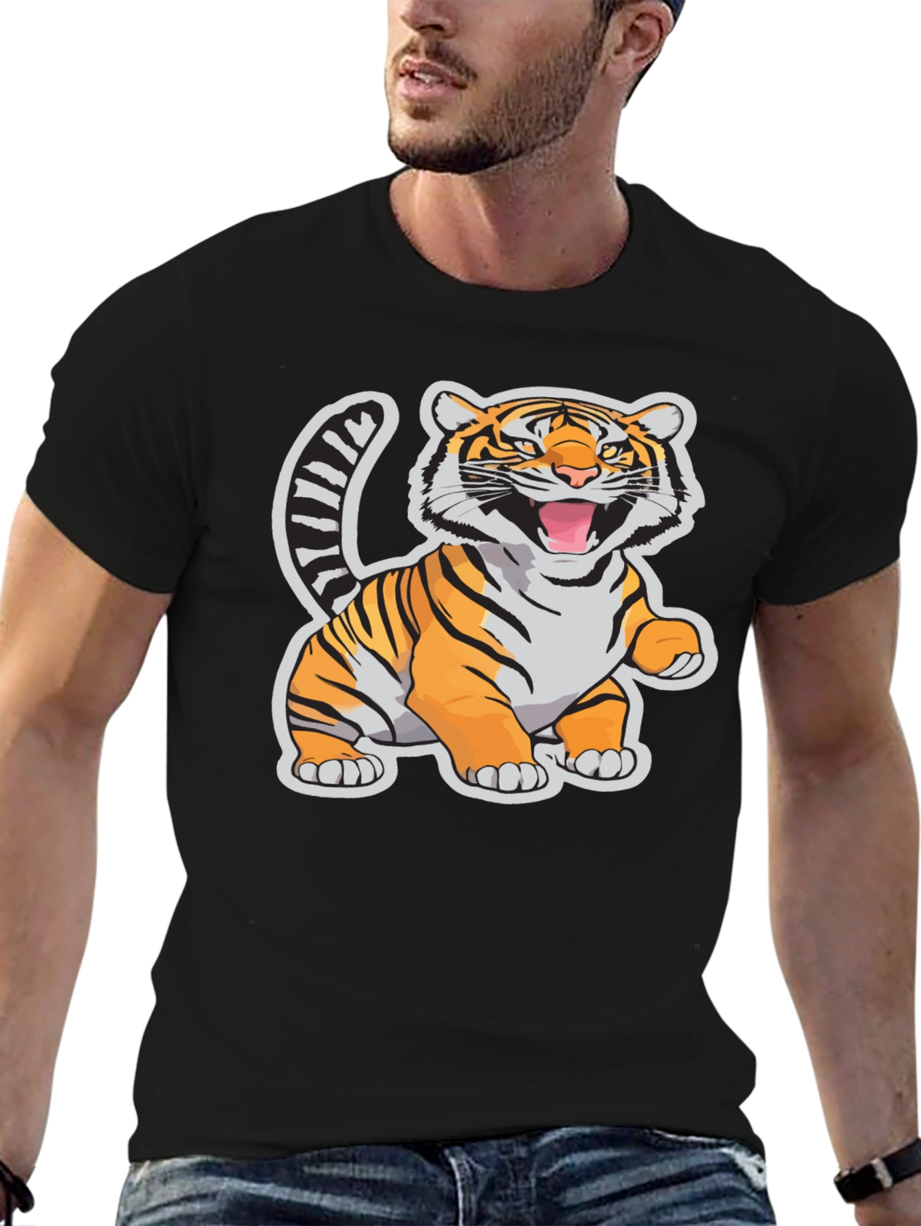 Cartoon Tiger Graphic Tee - Black Cotton T-Shirt