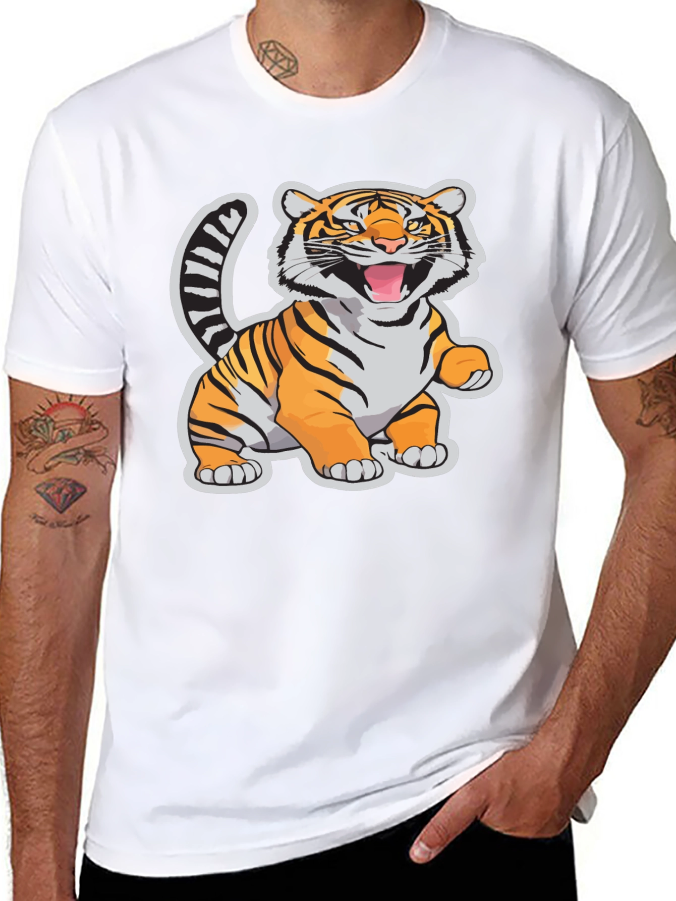 Cartoon Tiger Graphic Tee - Black Cotton T-Shirt