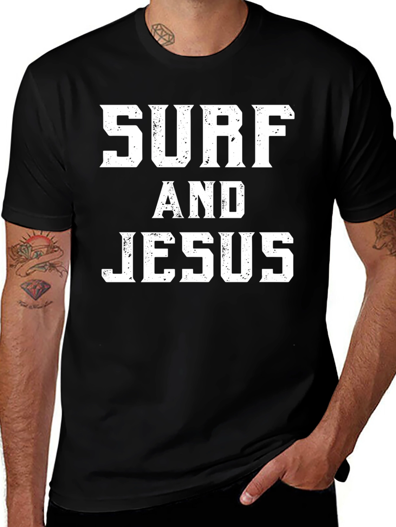 Surf and Jesus Graphic Print T-Shirt - Black