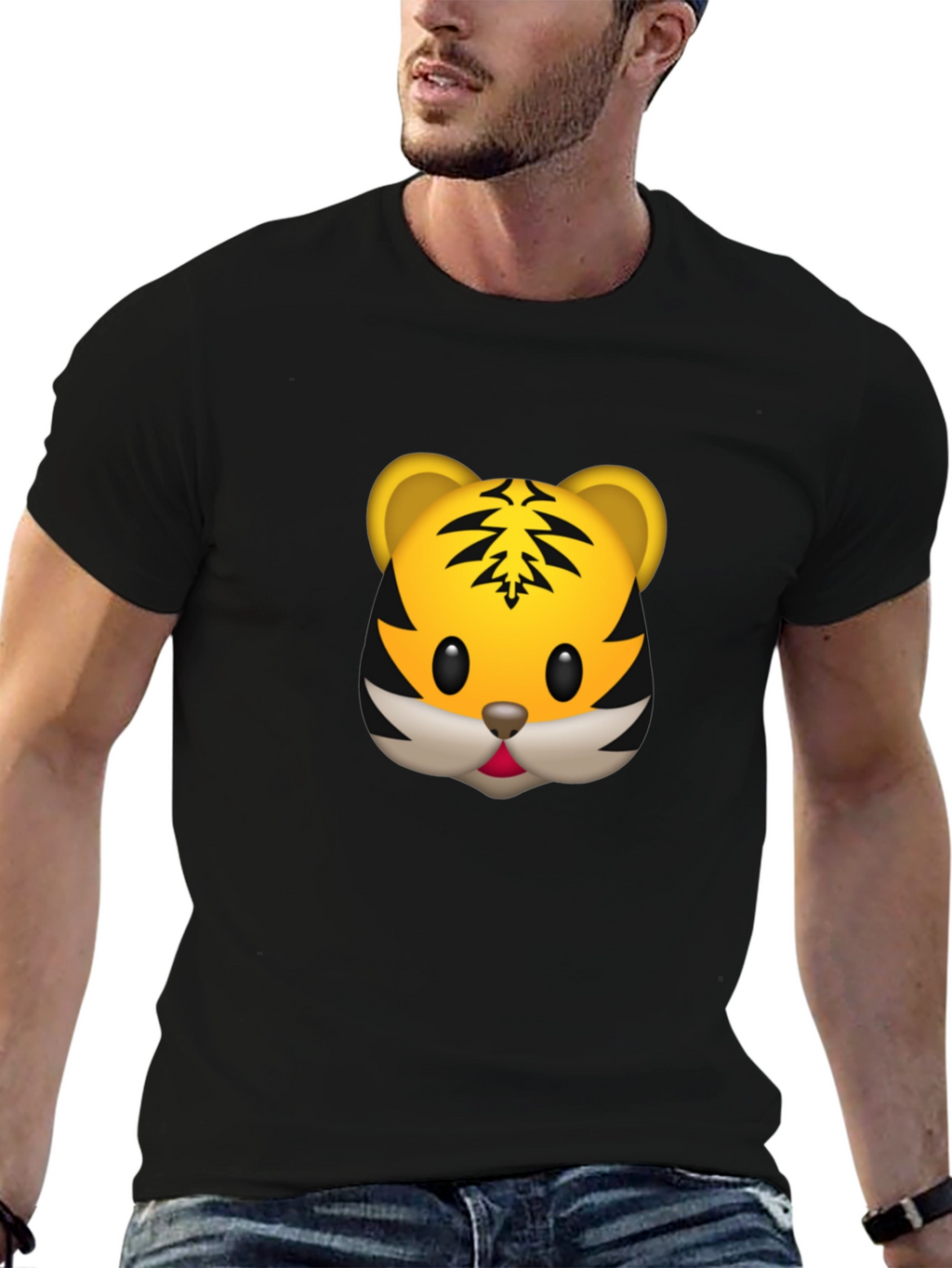 Tiger Emoji Graphic Tee - Black Cotton T-Shirt