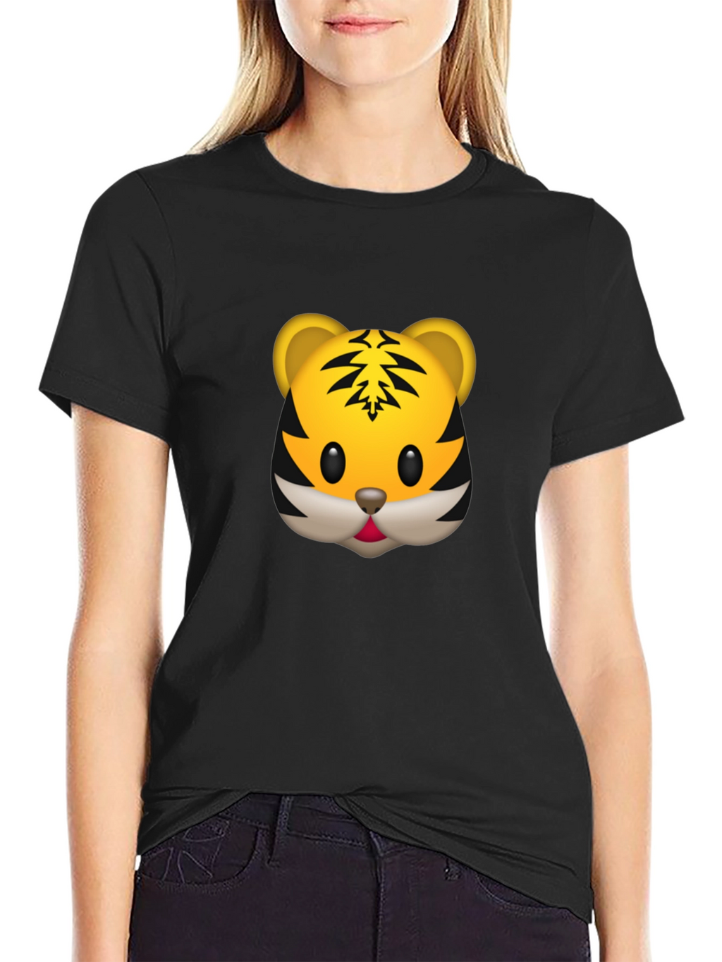 Tiger Emoji Graphic Tee - Black Cotton T-Shirt