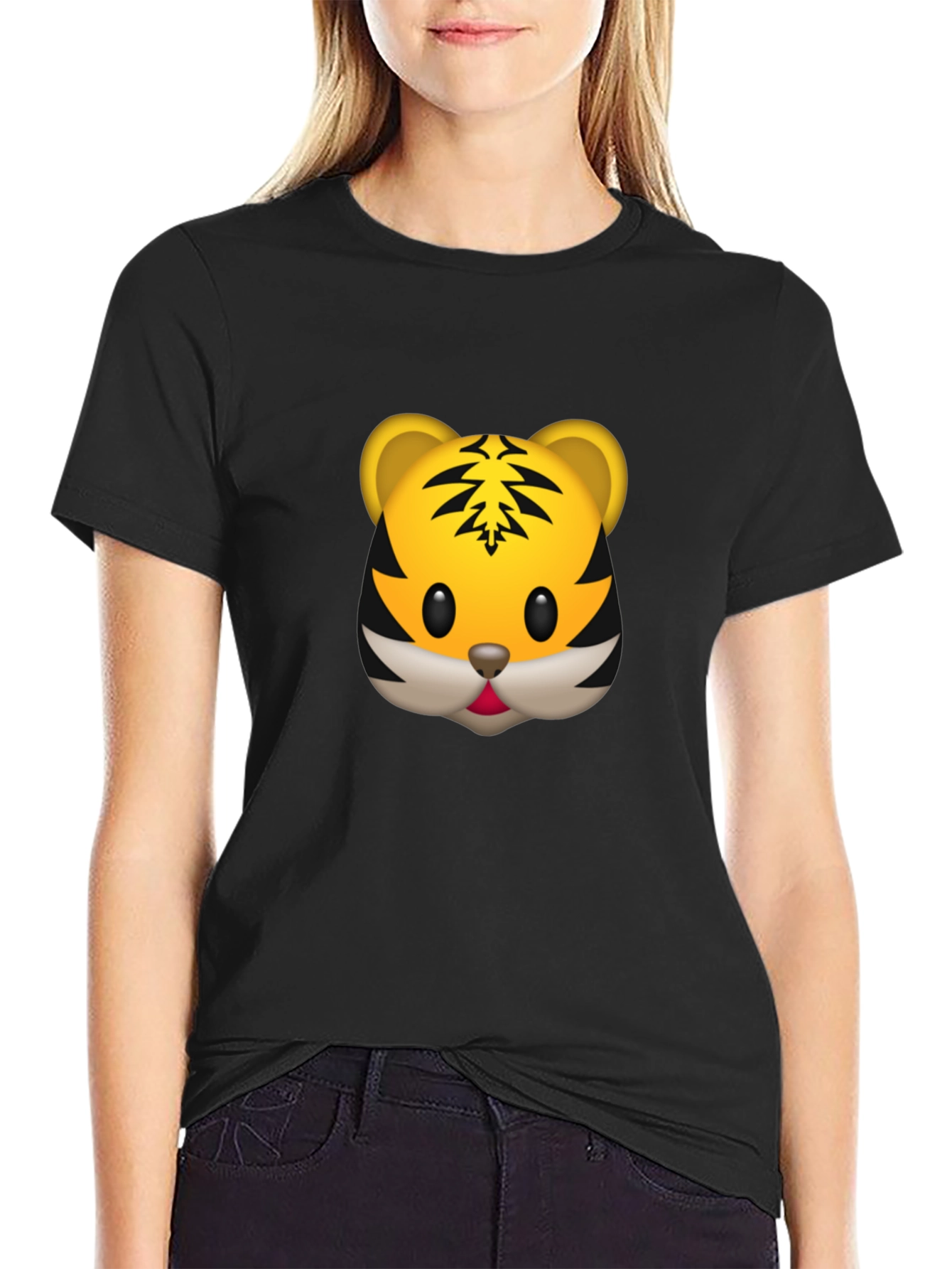 Tiger Emoji Graphic Tee - Black Cotton T-Shirt
