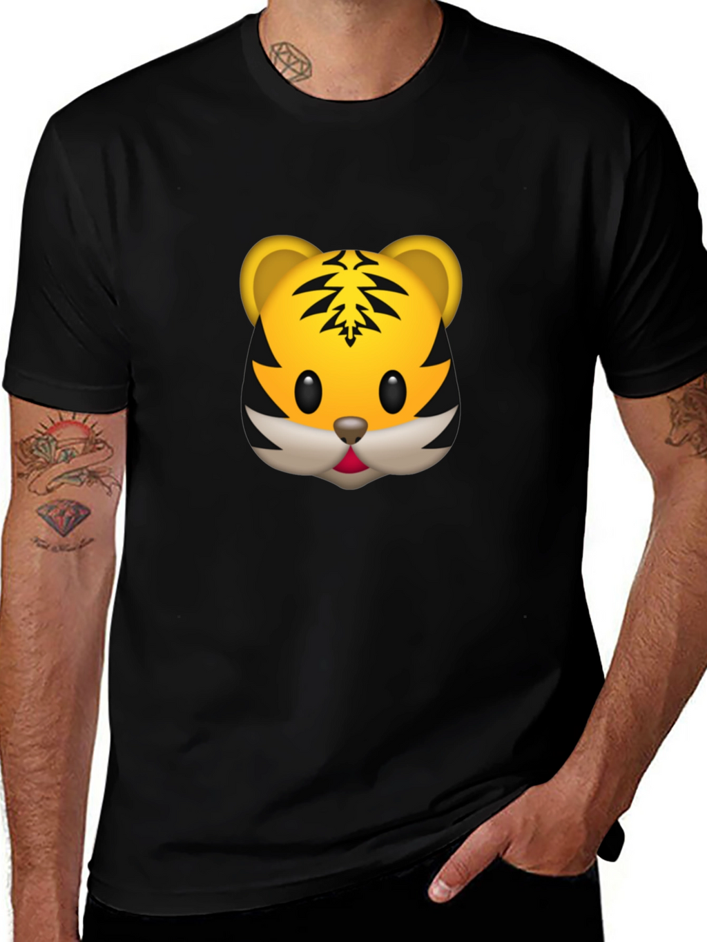 Tiger Emoji Graphic Tee - Black Cotton T-Shirt
