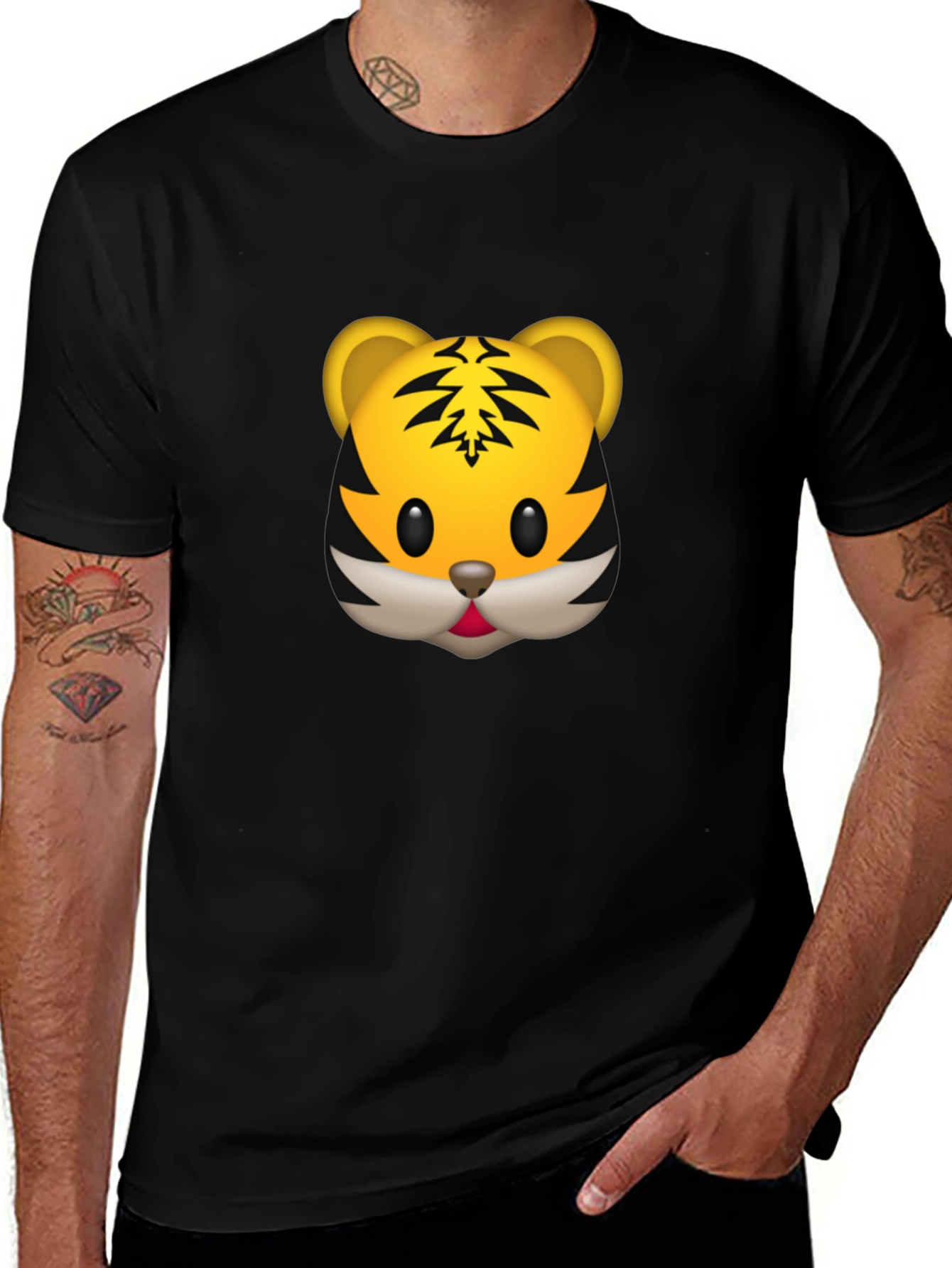 Tiger Emoji Graphic Tee - Black Cotton T-Shirt