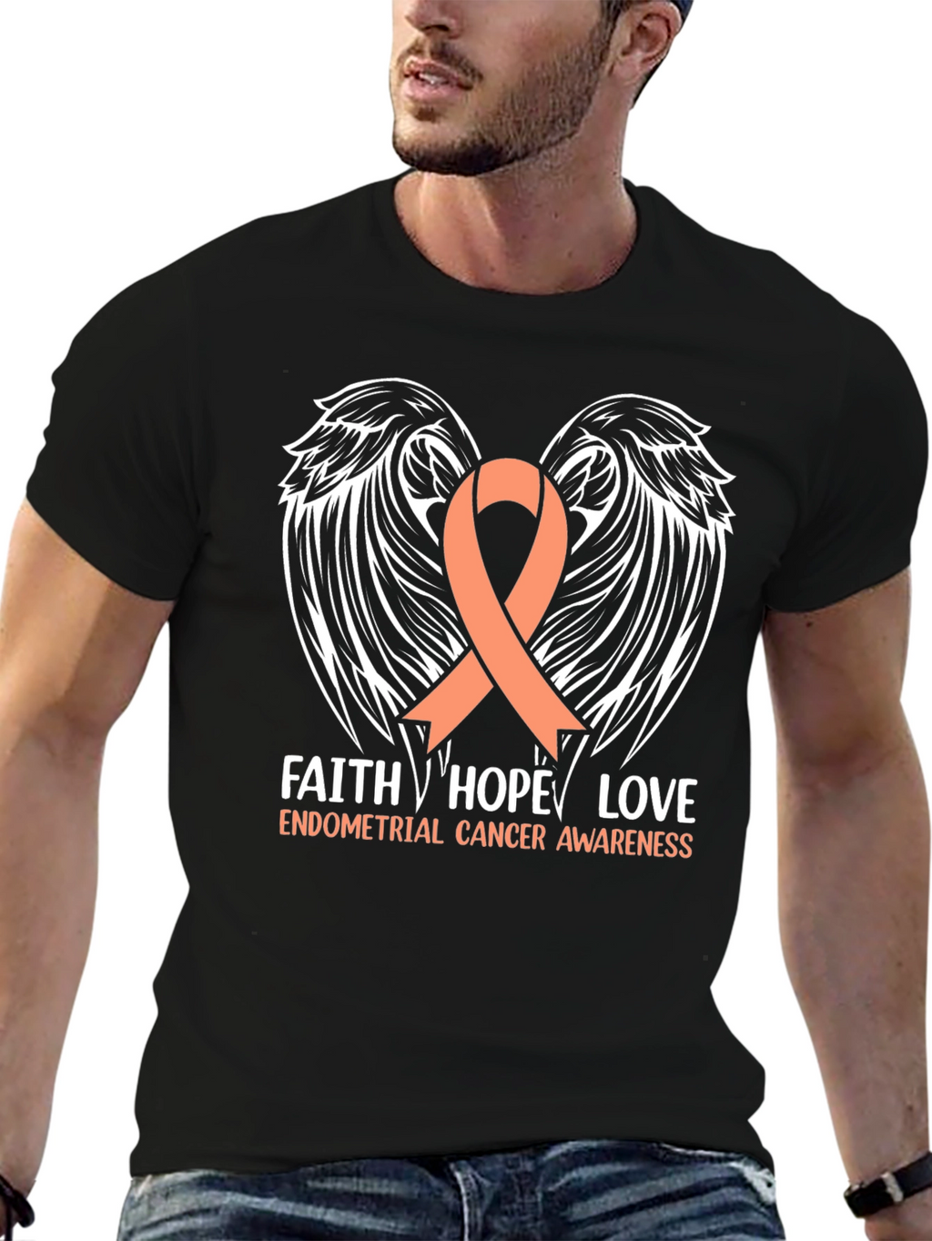 Endometrial Cancer Awareness T-Shirt with Ribbon Wings Design