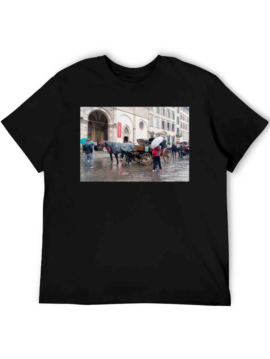 Horse Carriage Scene Graphic Black T-Shirt