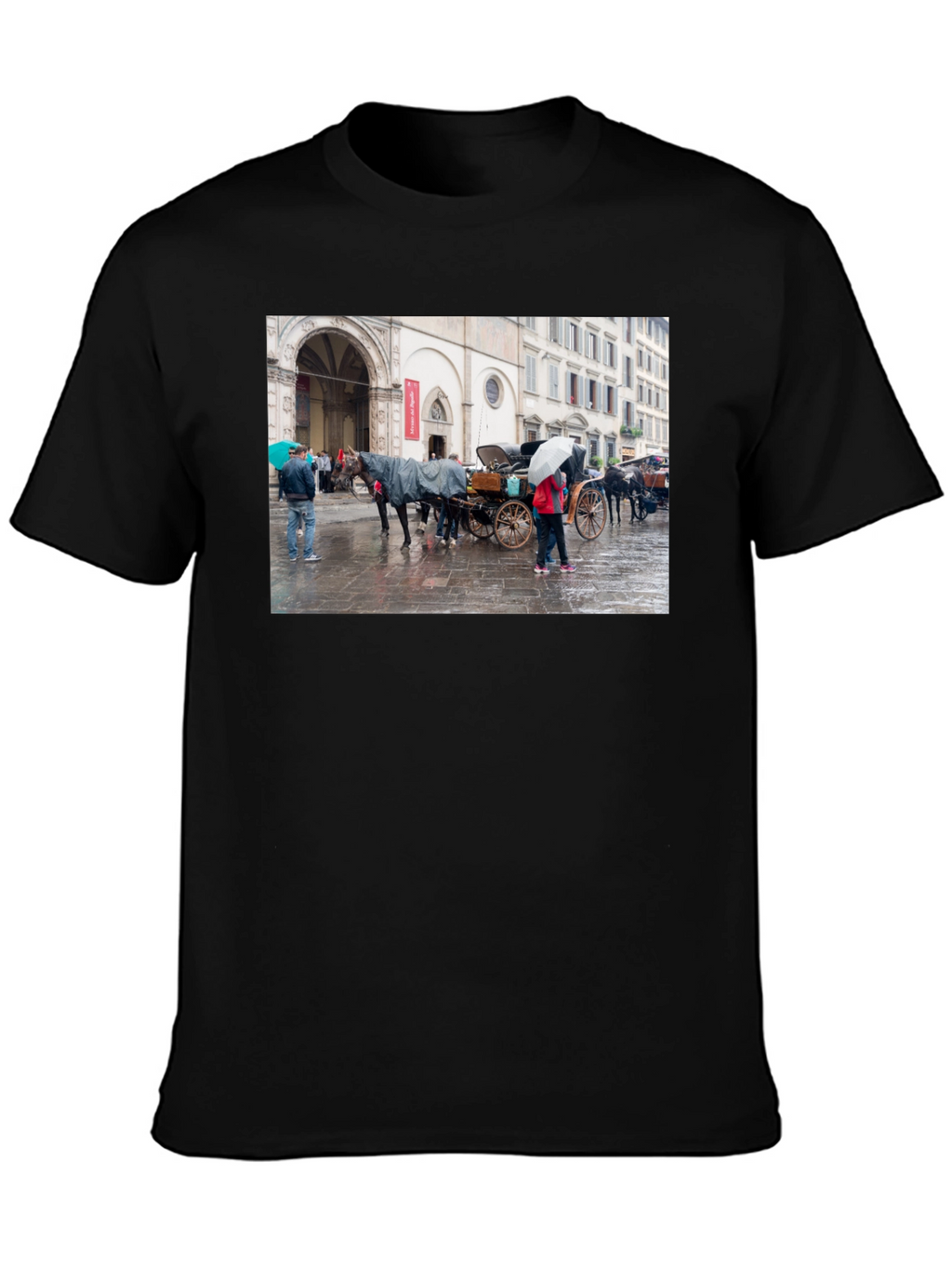 Horse Carriage Scene Graphic Black T-Shirt