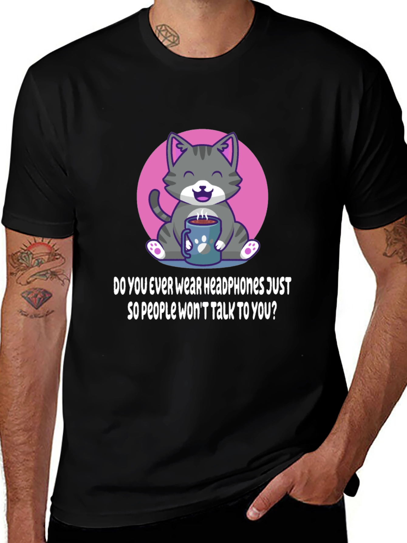Cat & Coffee T-Shirt: Headphones Just So People Wont Talk?