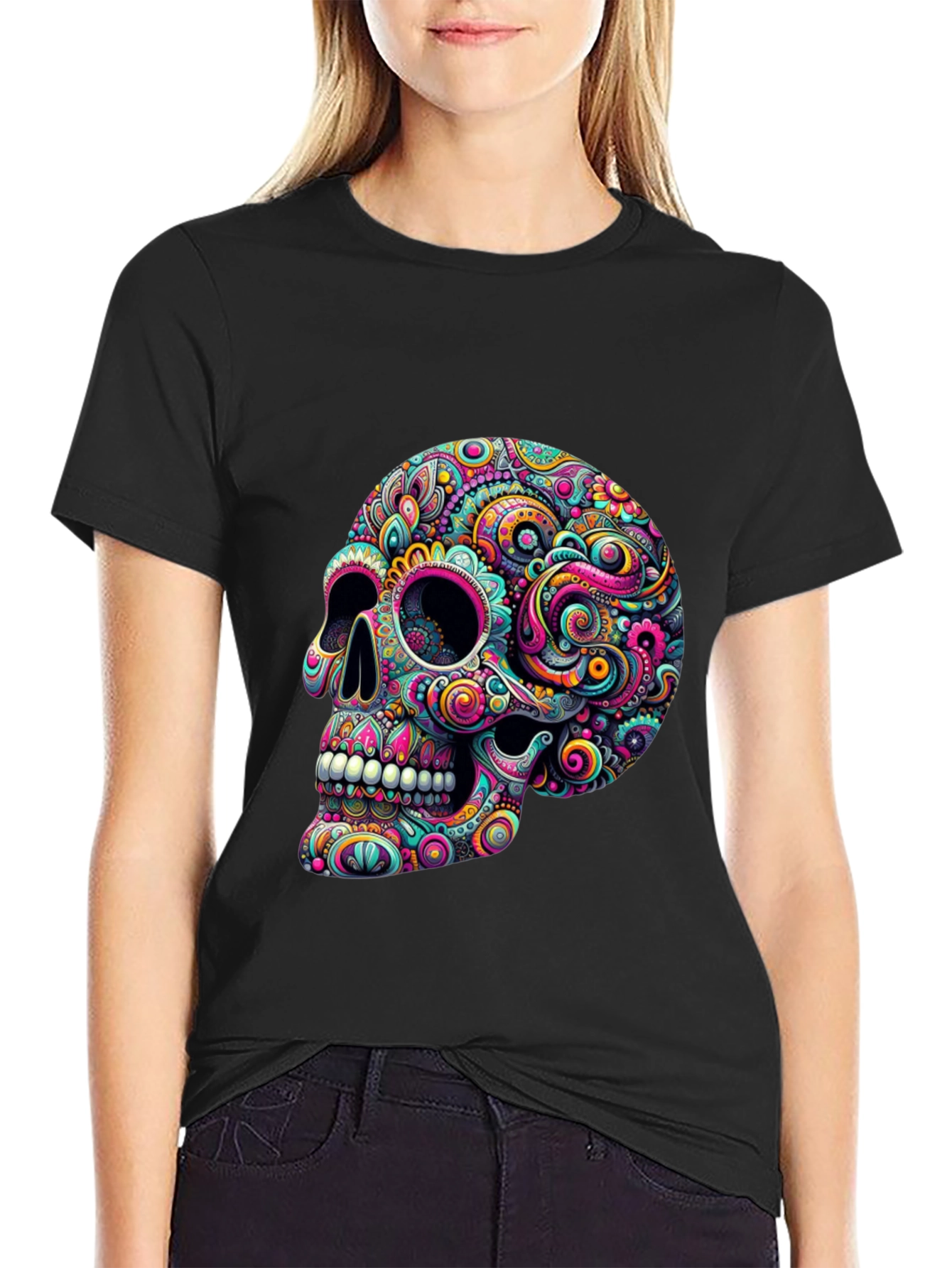 Colorful Sugar Skull Graphic Tee - Mens Black T-Shirt